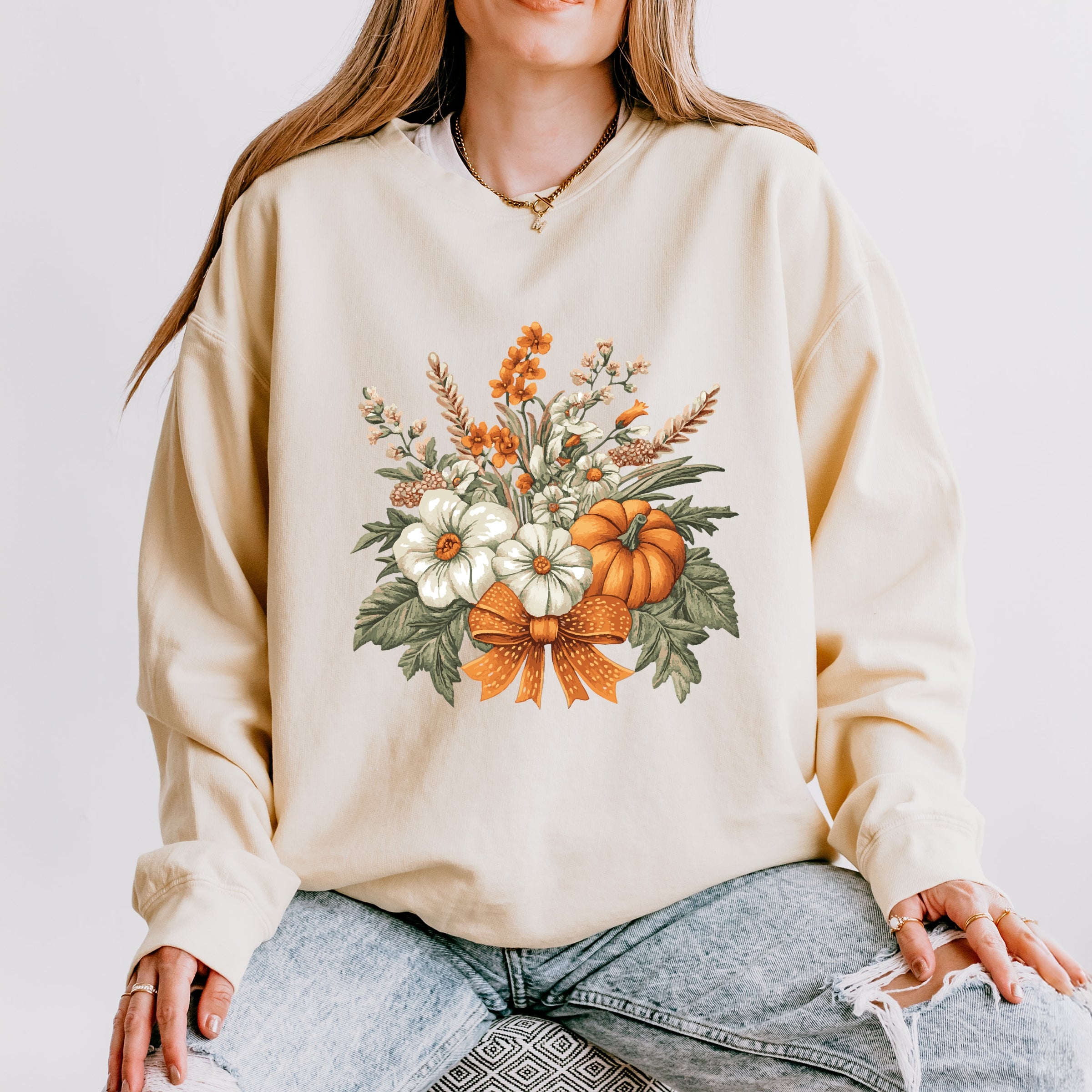 Coquette Orange Bow Fall Floral - Women's Lightweight Garment Dyed Sweatshirt