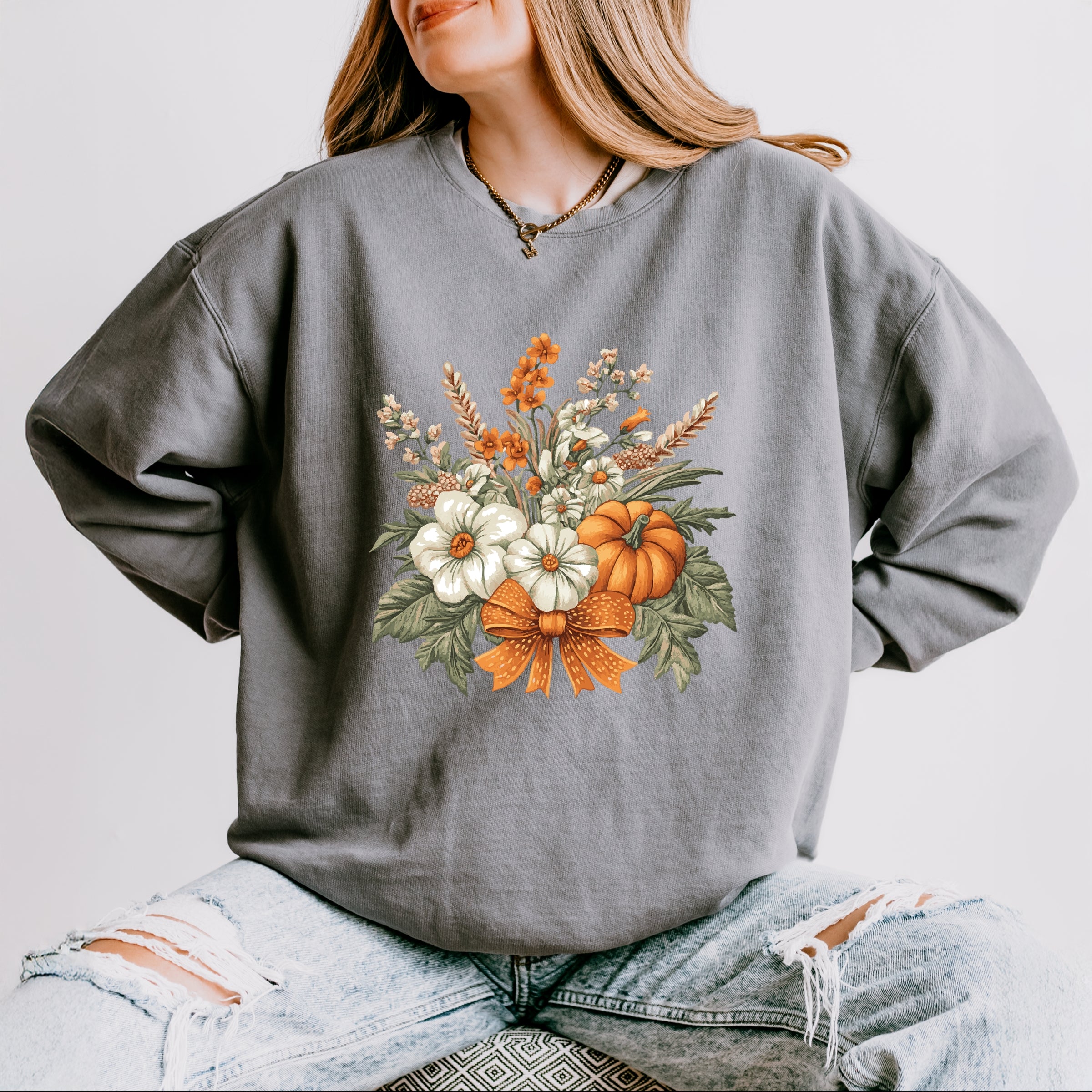 Coquette Orange Bow Fall Floral - Women's Lightweight Garment Dyed Sweatshirt