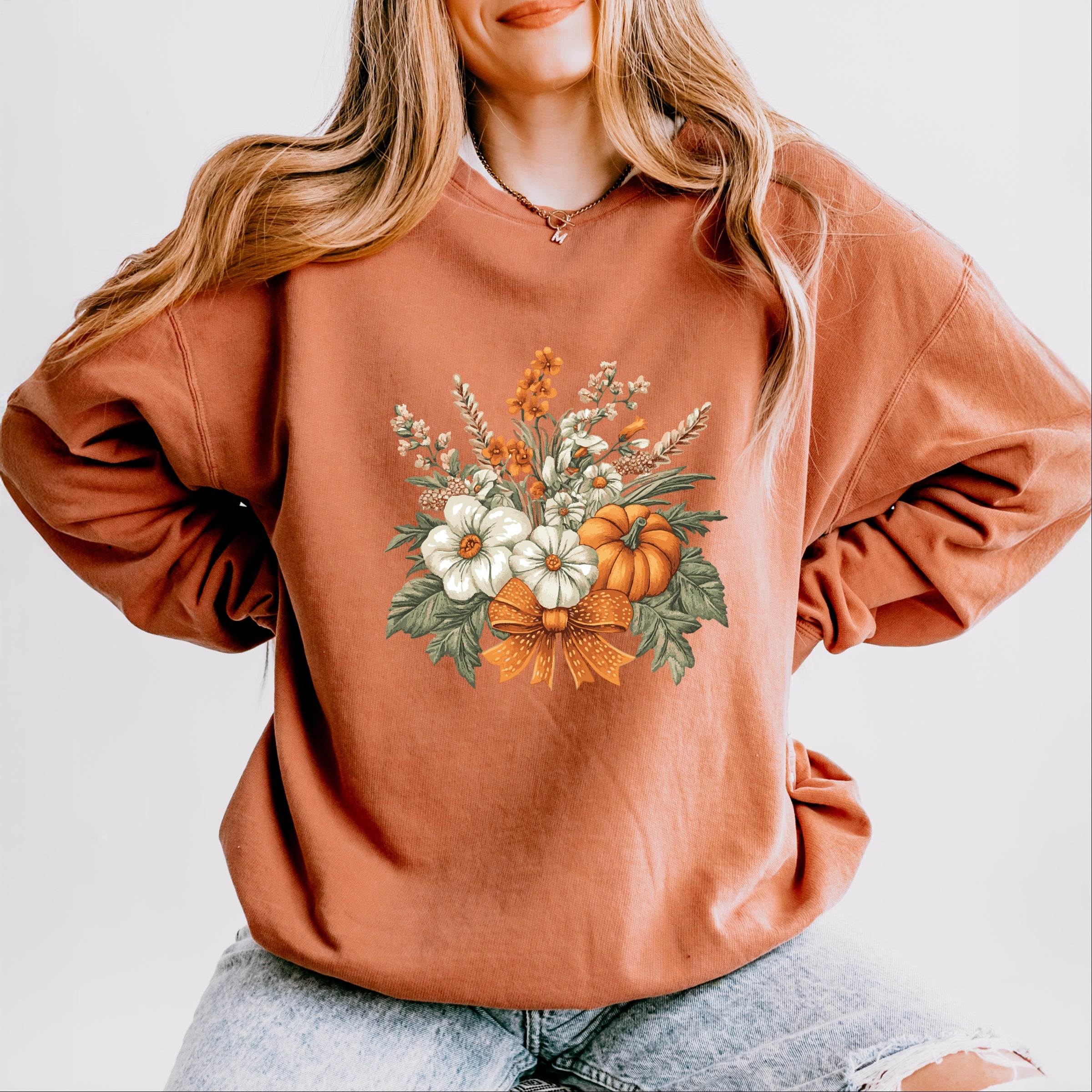 Coquette Orange Bow Fall Floral - Women's Lightweight Garment Dyed Sweatshirt