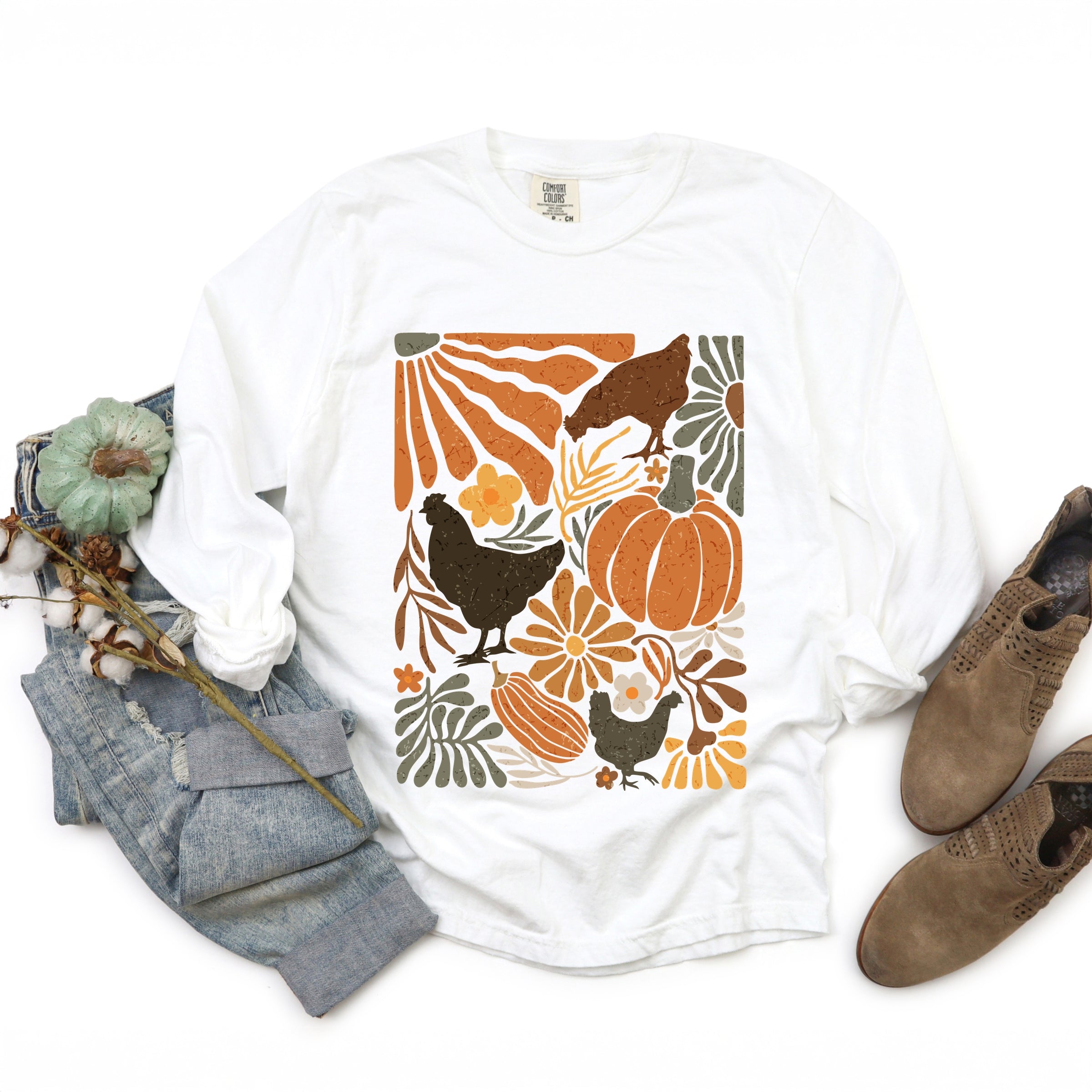 Chicken Boho Floral - Women's Garment Dyed Long Sleeve Graphic T-Shirt