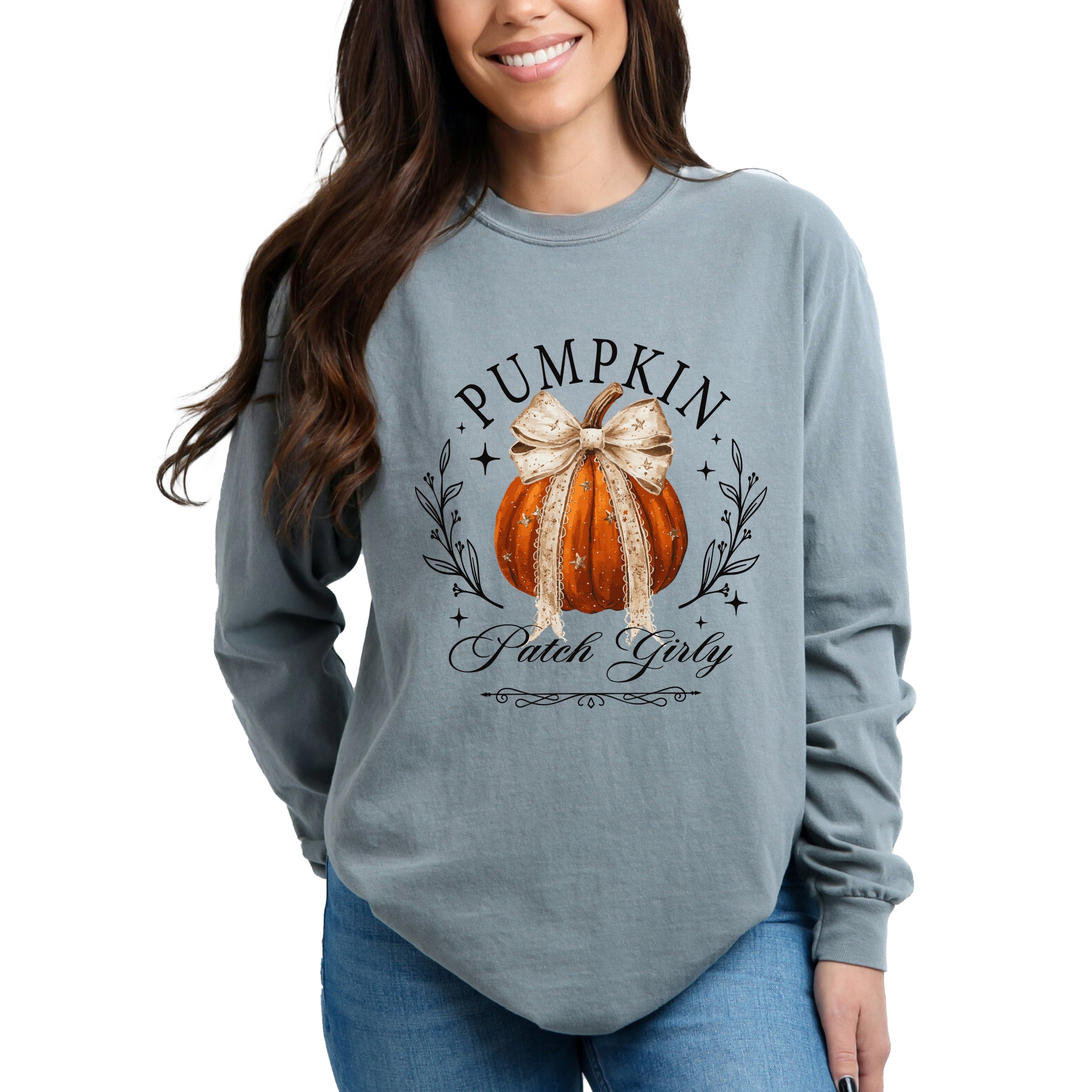 Coquette Pumpkin Patch Girly - Women's Garment Dyed Long Sleeve Graphic T-Shirt