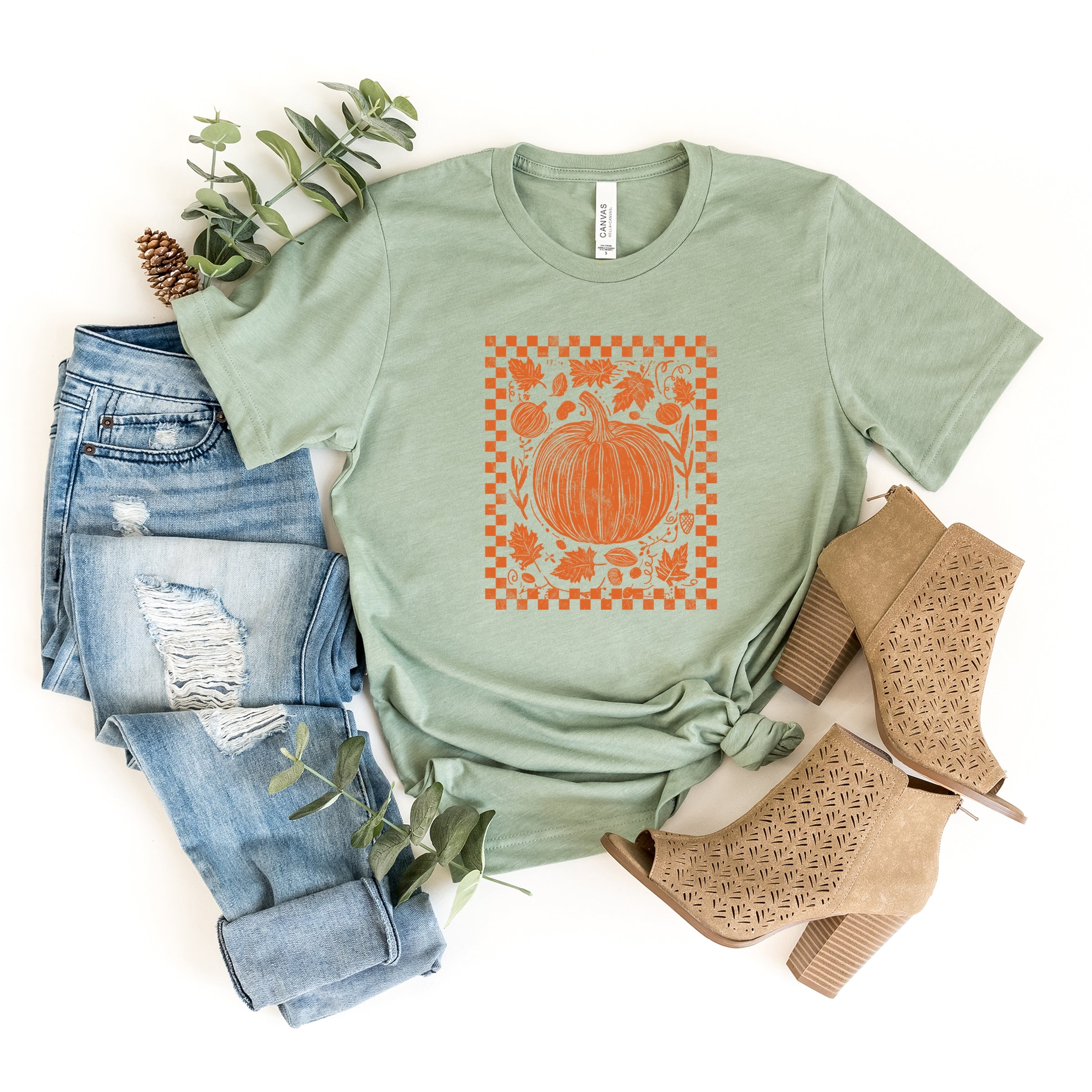 Pumpkin Checkered Distressed - Women's Short Sleeve Graphic T-Shirt