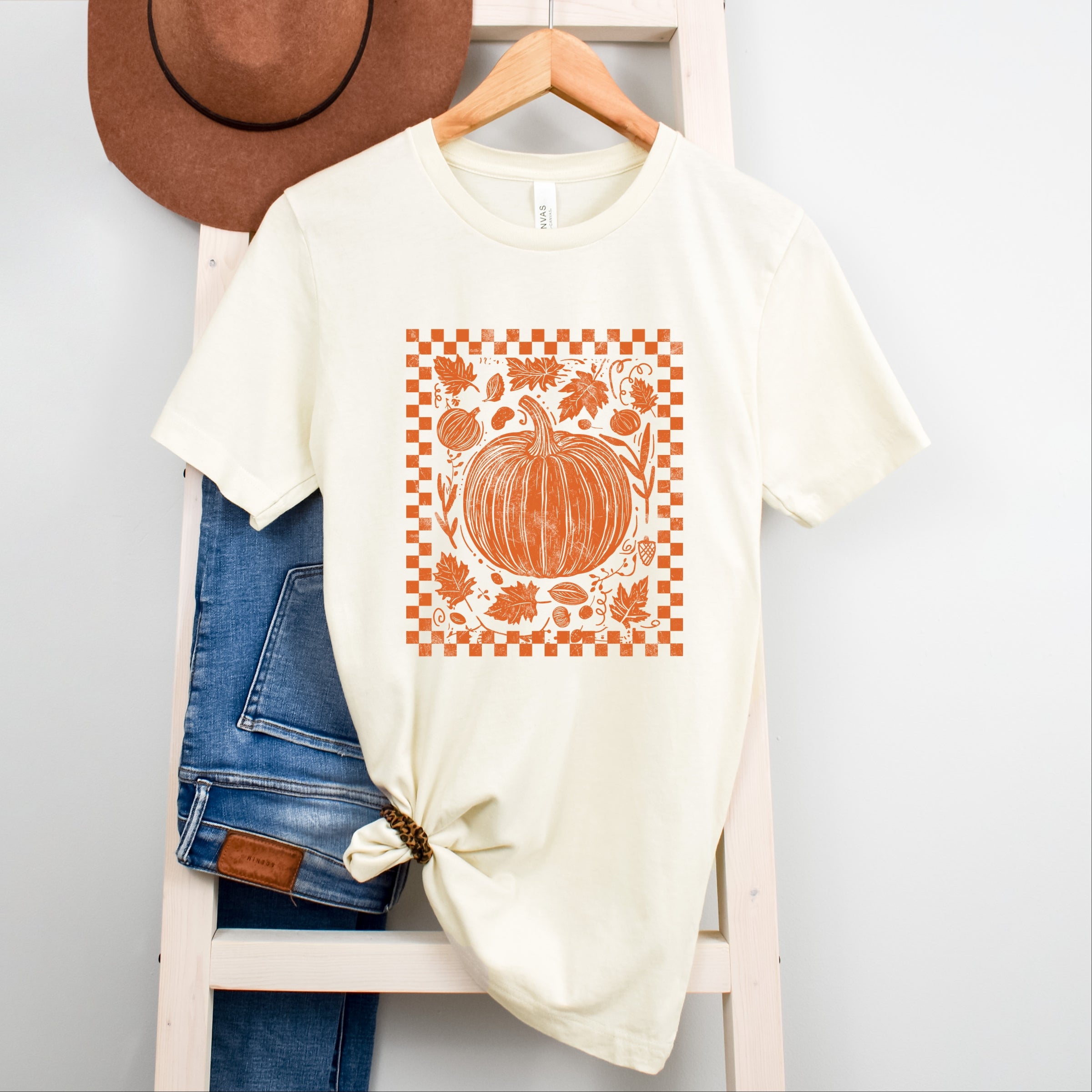 Pumpkin Checkered Distressed - Women's Short Sleeve Graphic T-Shirt