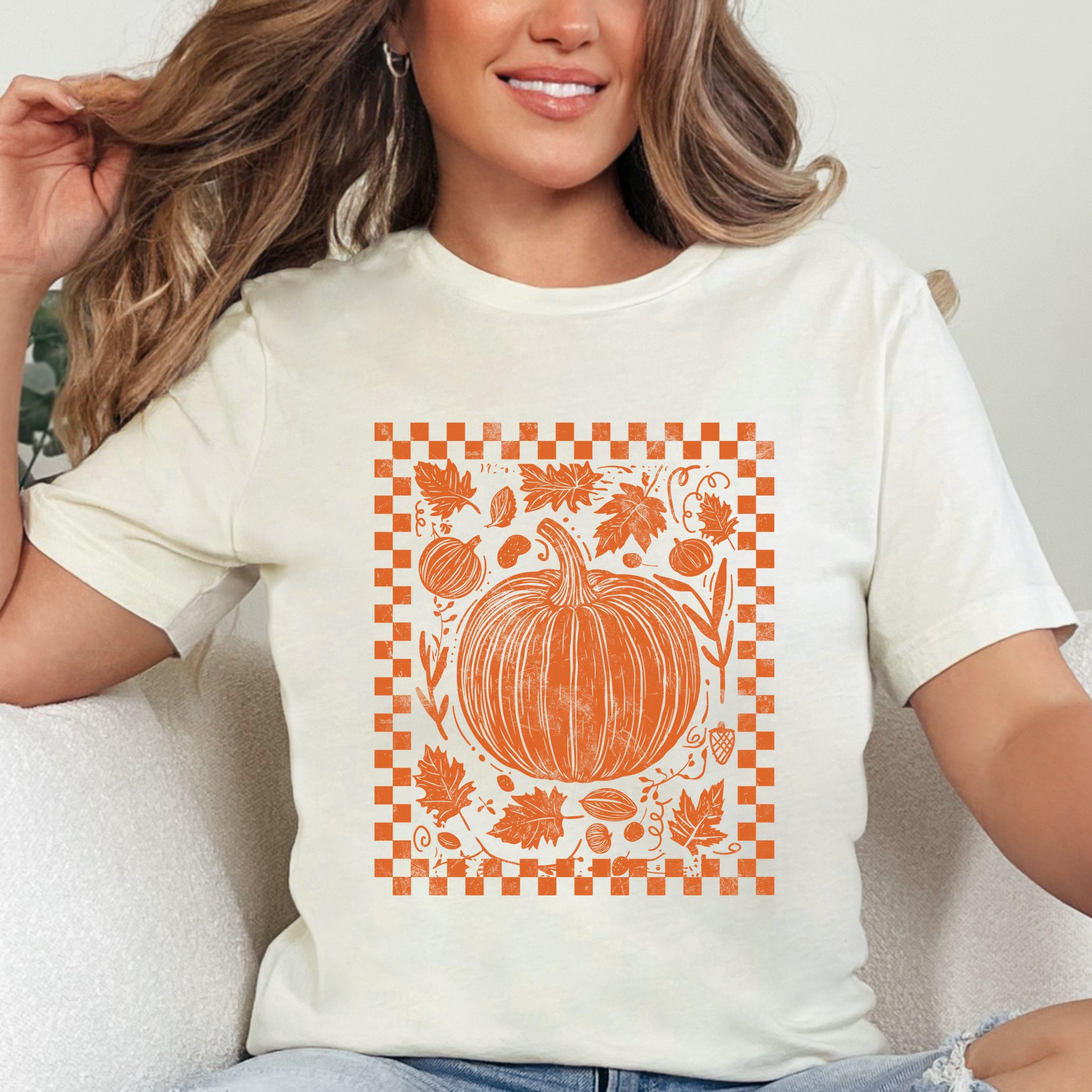 Pumpkin Checkered Distressed - Women's Short Sleeve Graphic T-Shirt