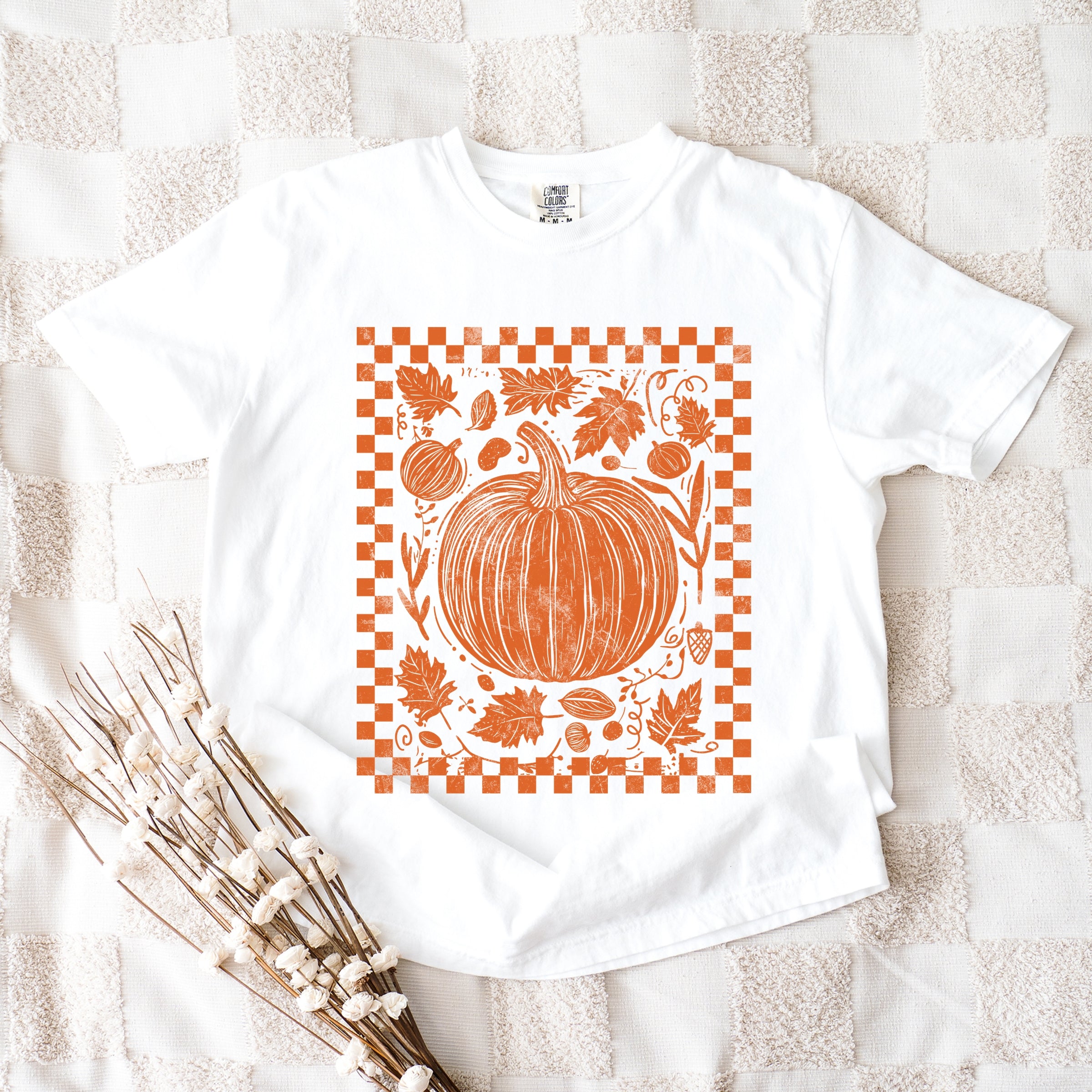 Pumpkin Checkered Distressed - Women's Garment Dyed Graphic T-Shirt