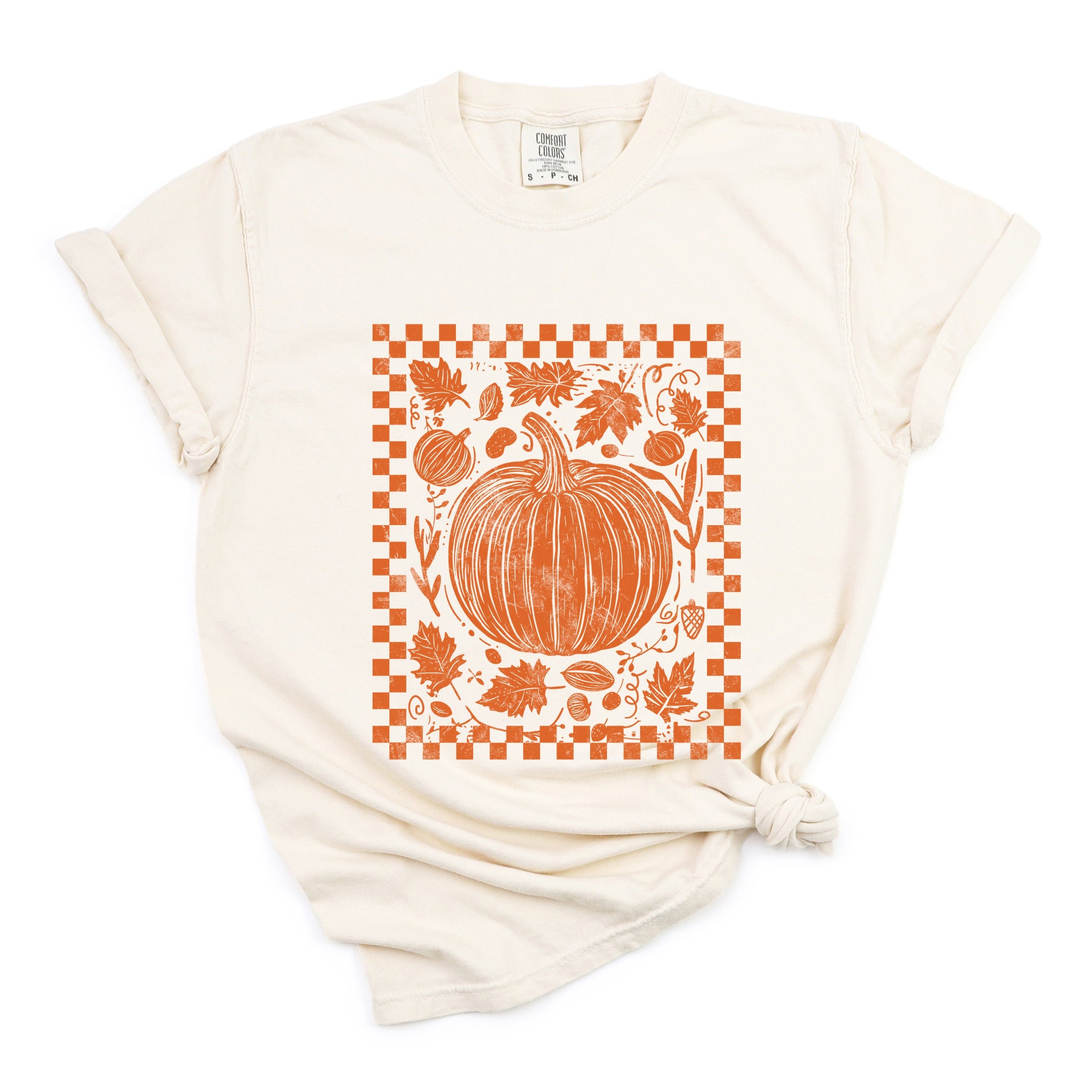 Pumpkin Checkered Distressed - Women's Garment Dyed Graphic T-Shirt