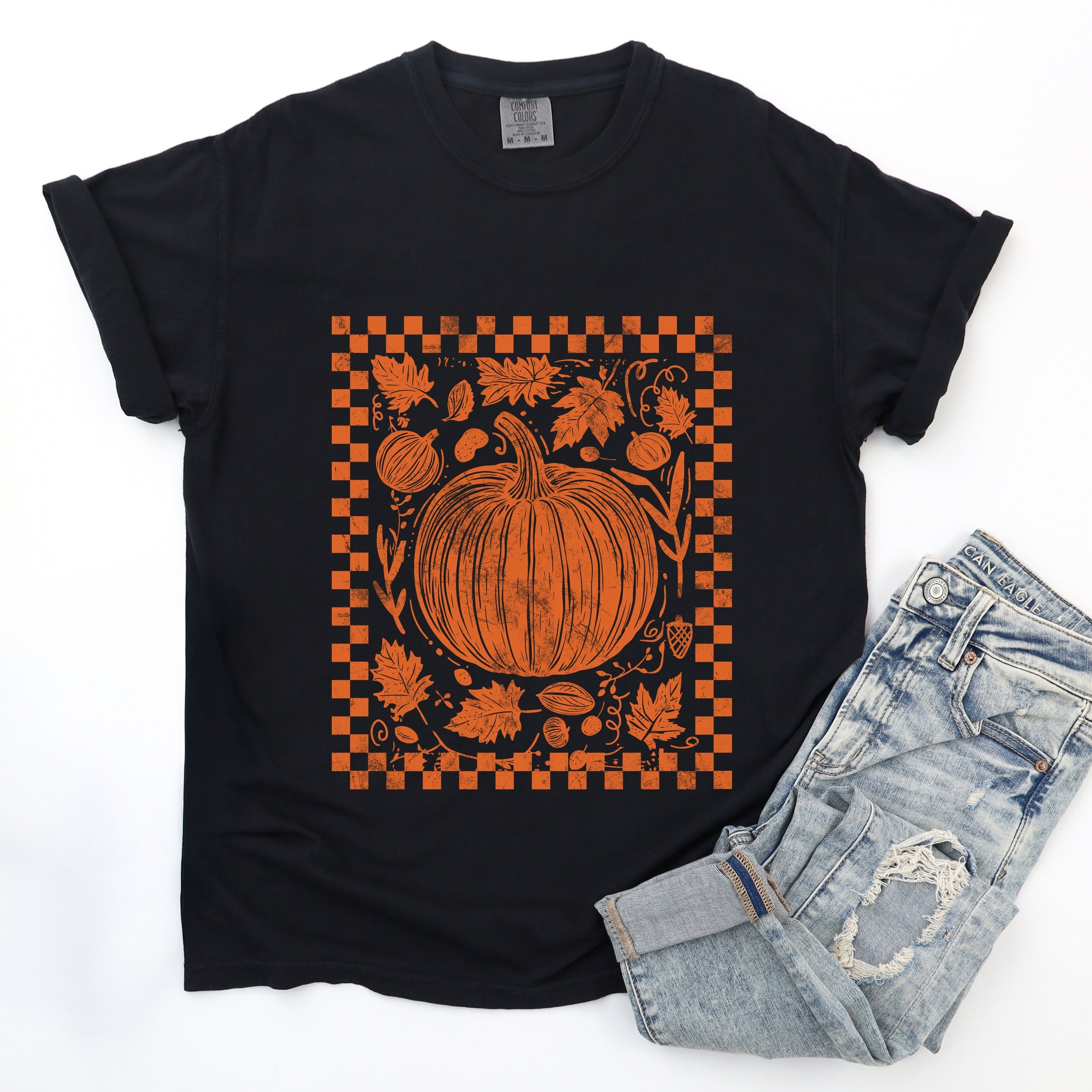 Pumpkin Checkered Distressed - Women's Garment Dyed Graphic T-Shirt