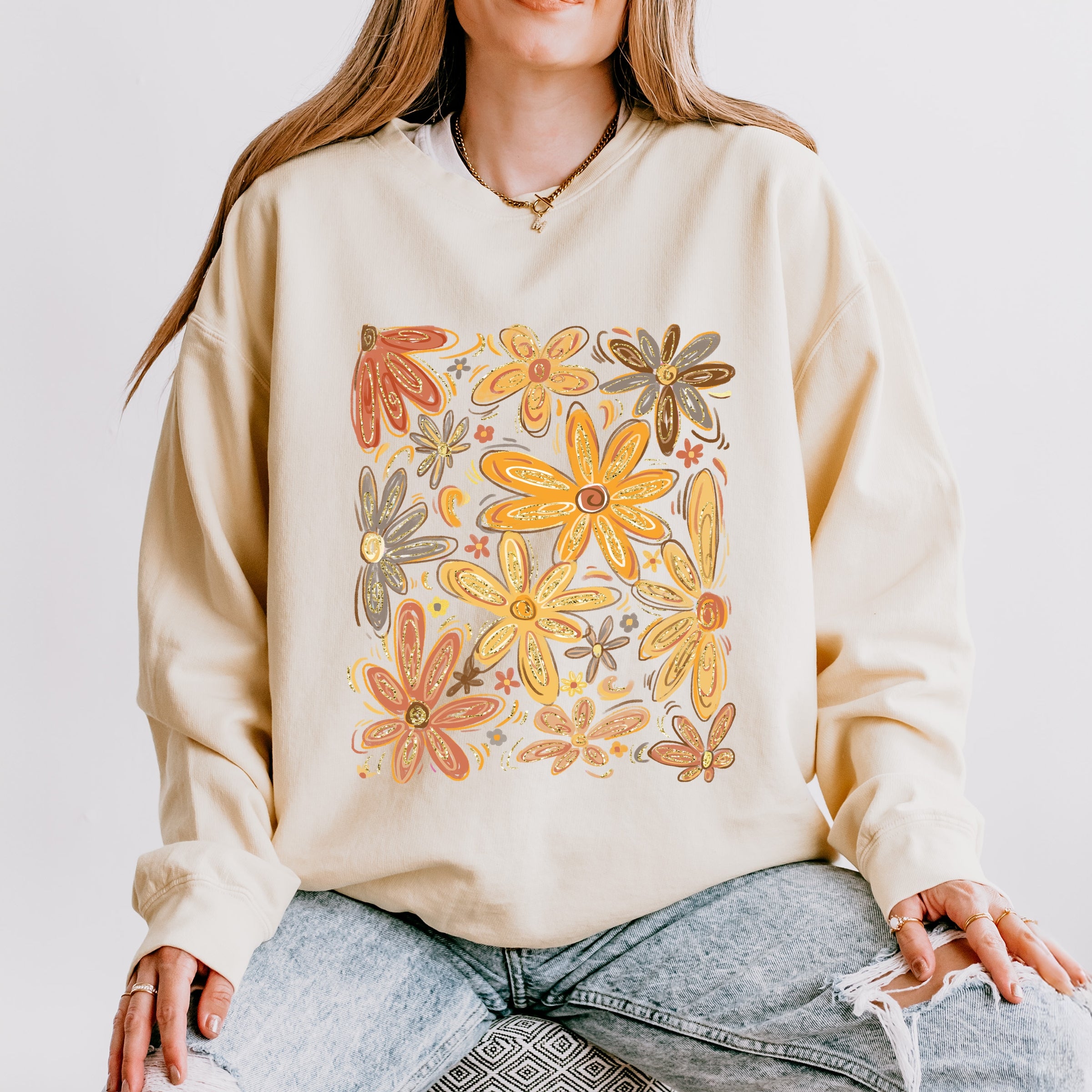 Fall Floral Glitter - Women's Lightweight Garment Dyed Sweatshirt