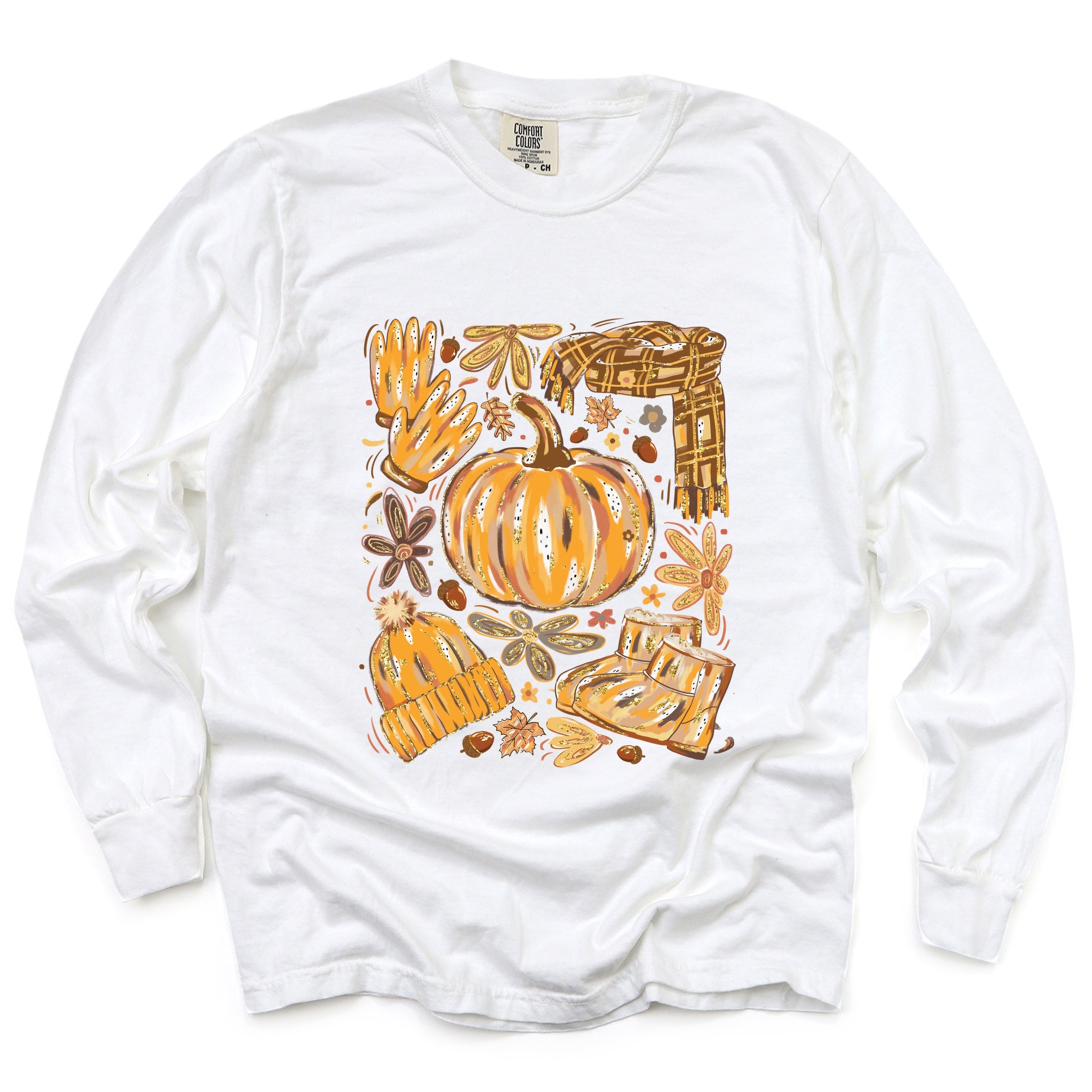 Fall Pumpkin Collage Glitter - Women's Garment Dyed Long Sleeve Graphic T-Shirt