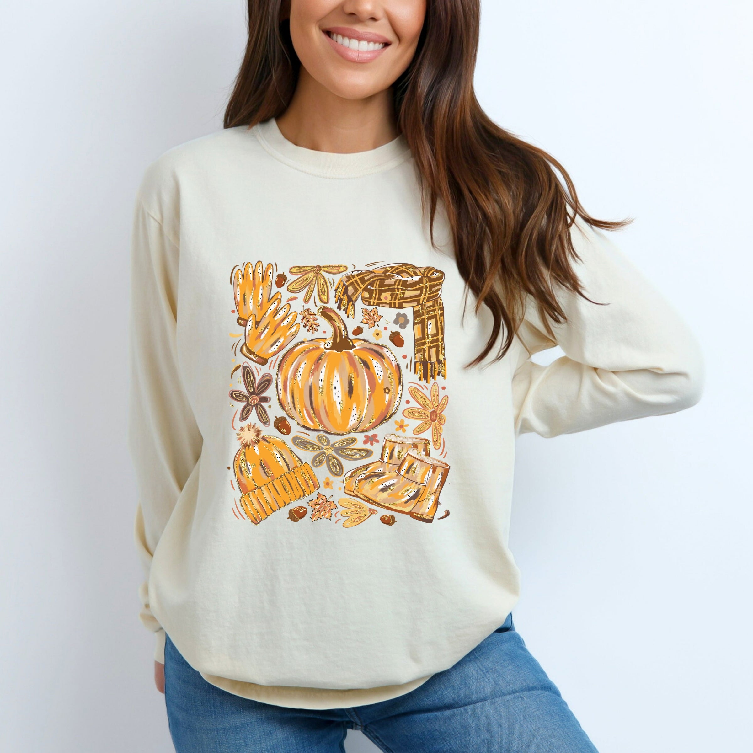 Fall Pumpkin Collage Glitter - Women's Garment Dyed Long Sleeve Graphic T-Shirt