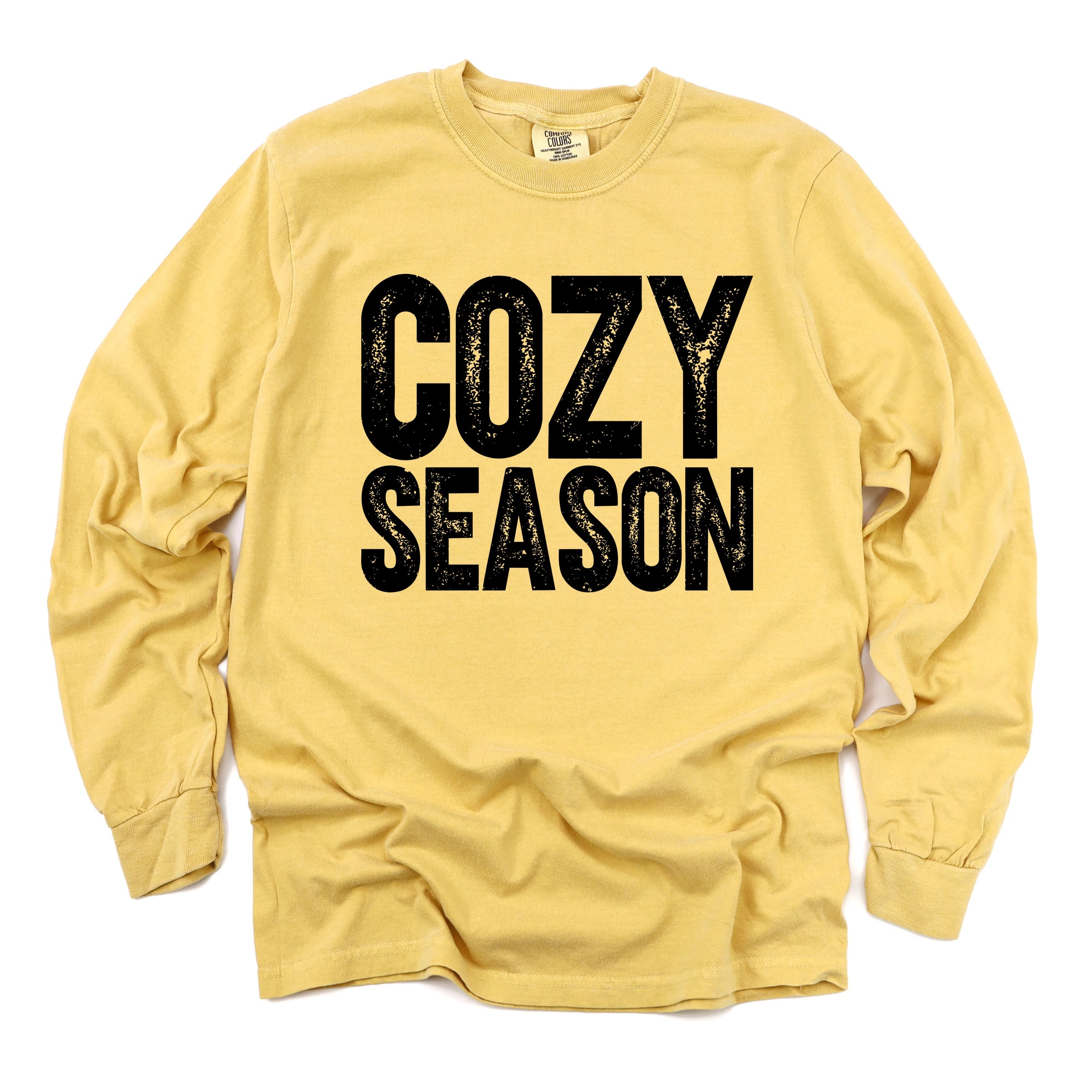 Cozy Season Bold Distressed - Women's Garment Dyed Long Sleeve Graphic T-Shirt