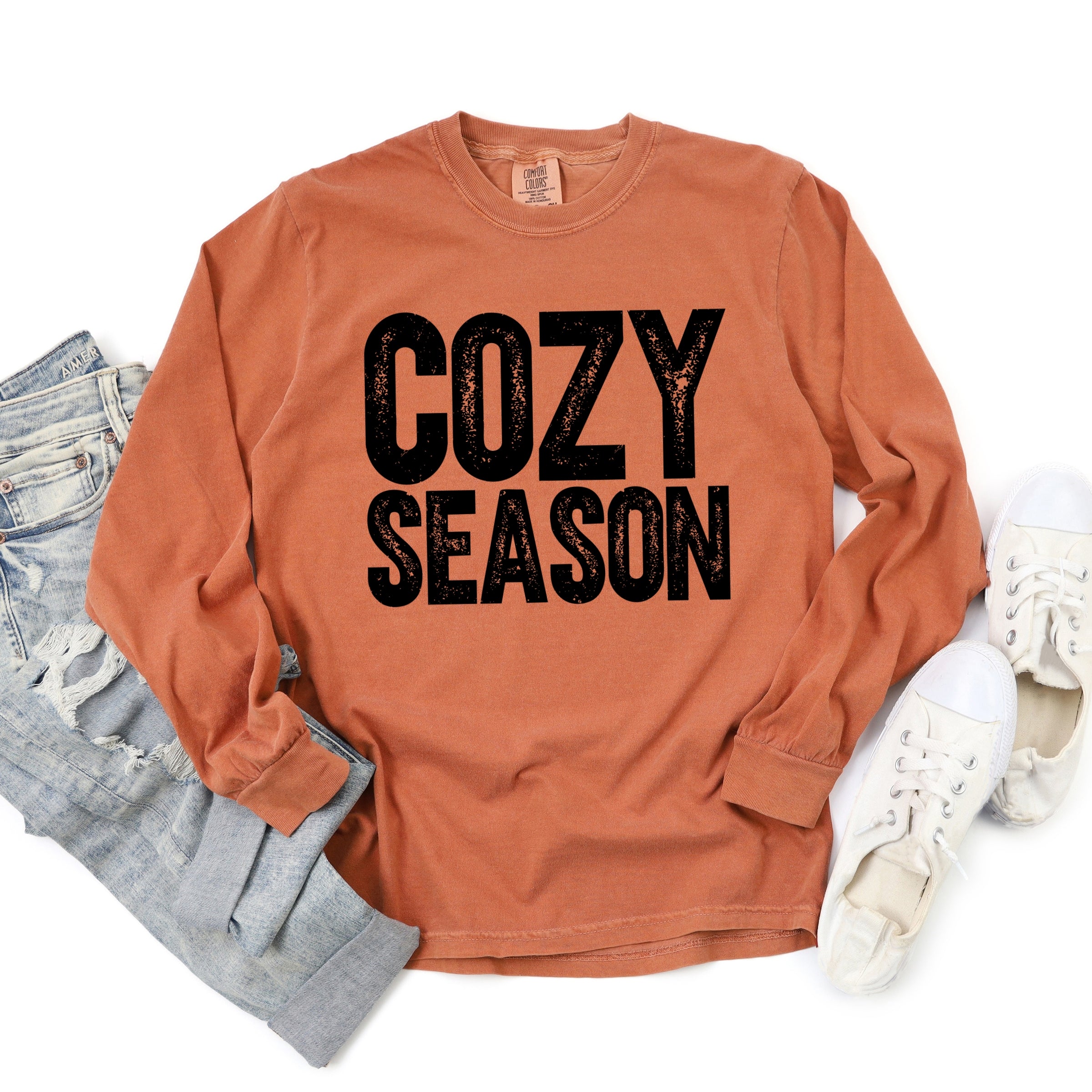 Cozy Season Bold Distressed - Women's Garment Dyed Long Sleeve Graphic T-Shirt