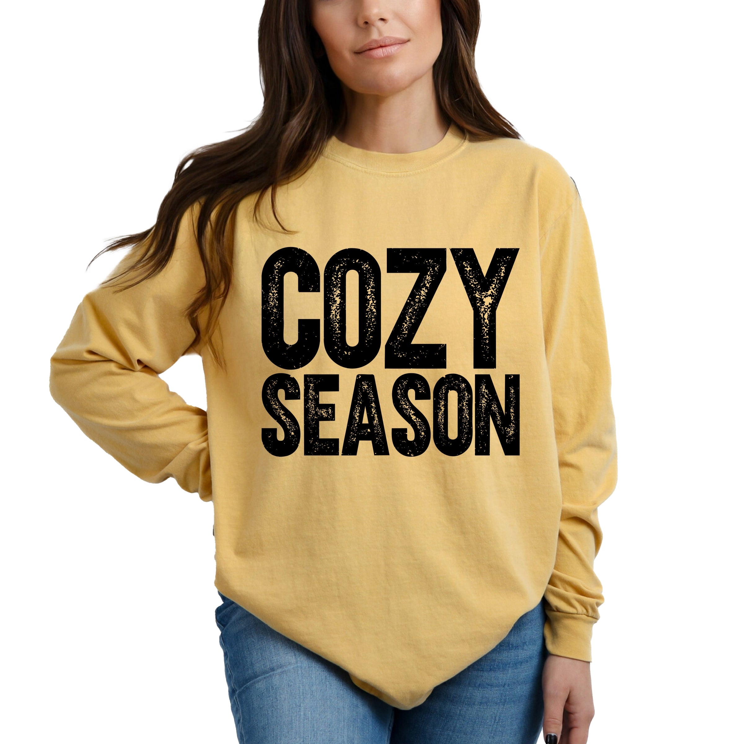 Cozy Season Bold Distressed - Women's Garment Dyed Long Sleeve Graphic T-Shirt