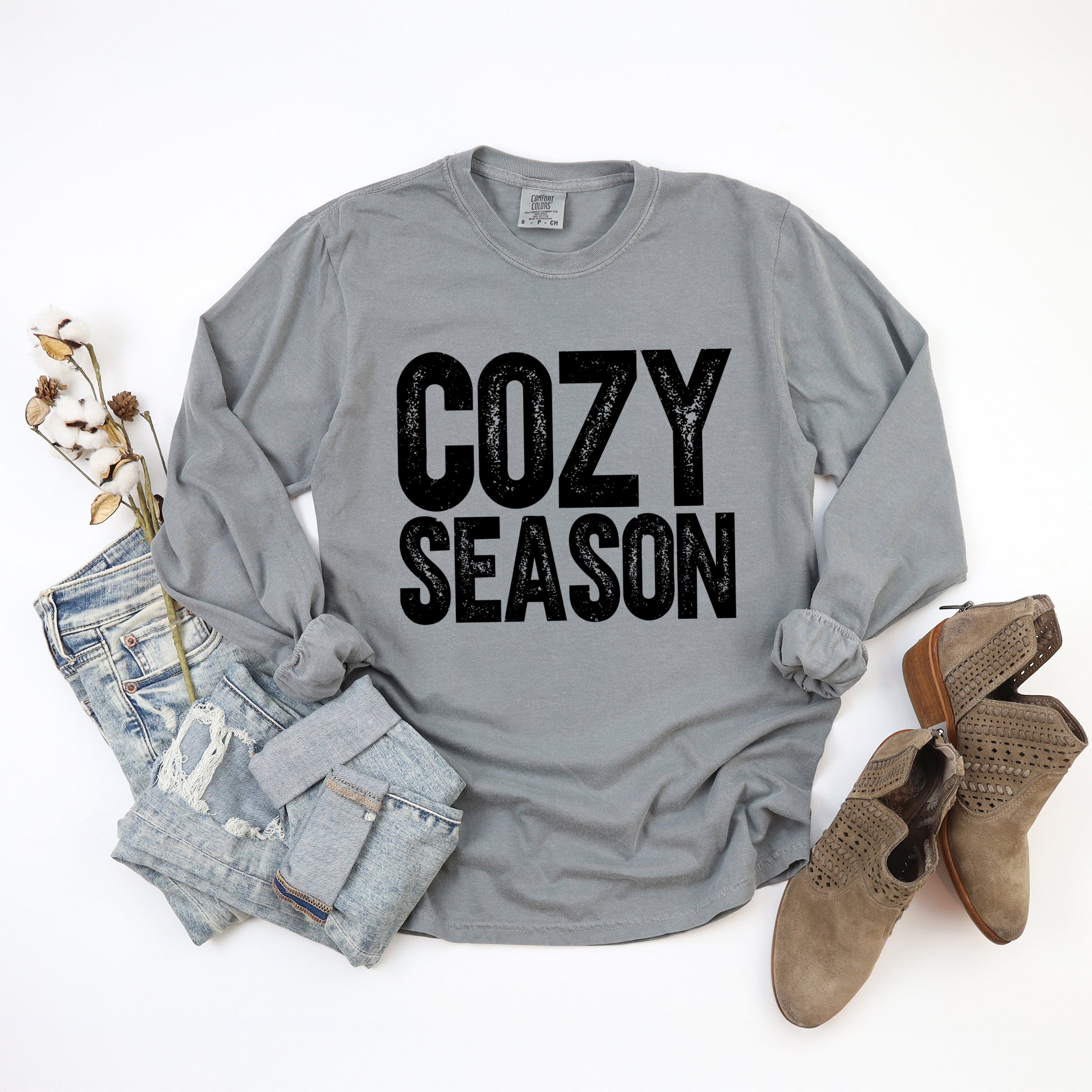 Cozy Season Bold Distressed - Women's Garment Dyed Long Sleeve Graphic T-Shirt