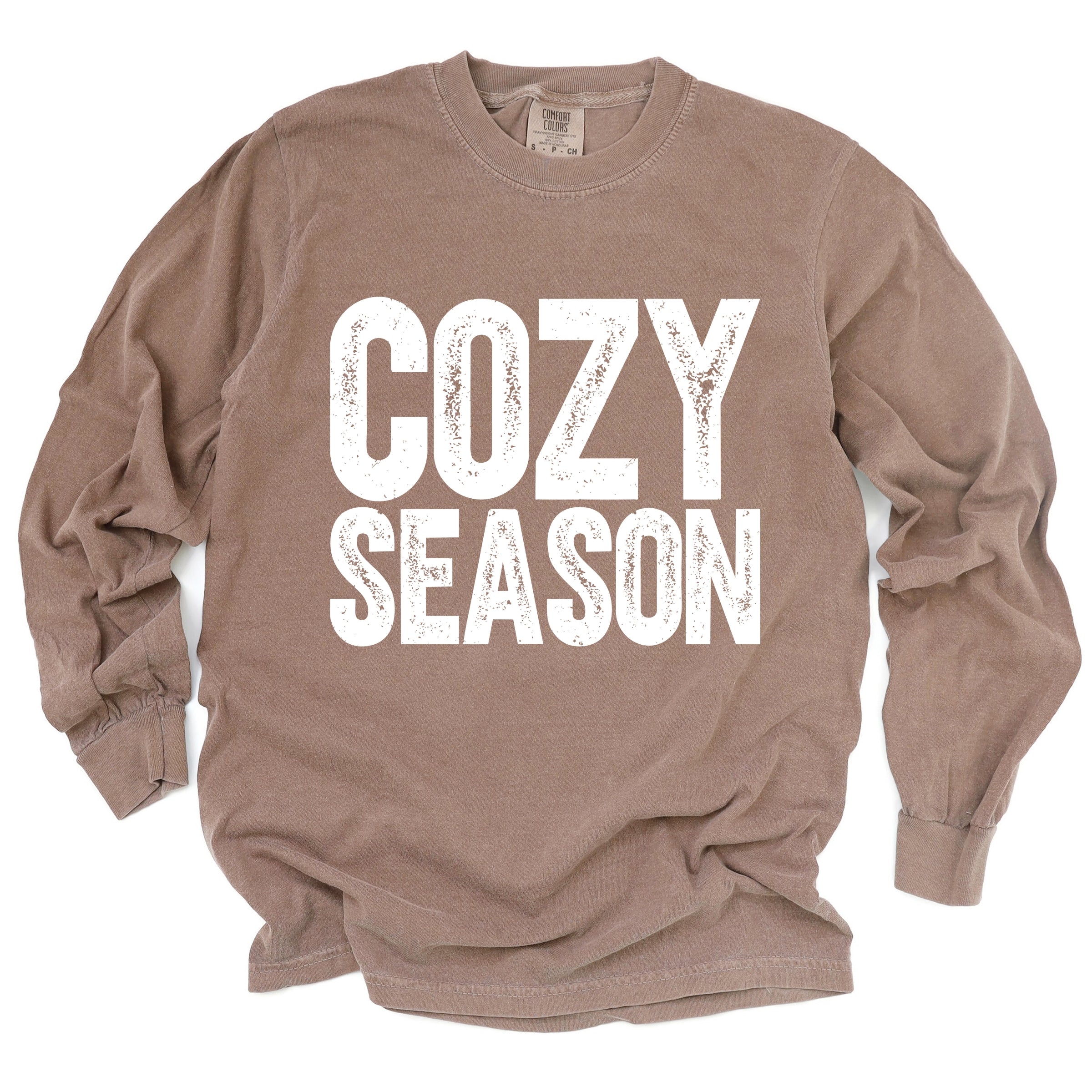 Cozy Season Bold Distressed - Women's Garment Dyed Long Sleeve Graphic T-Shirt