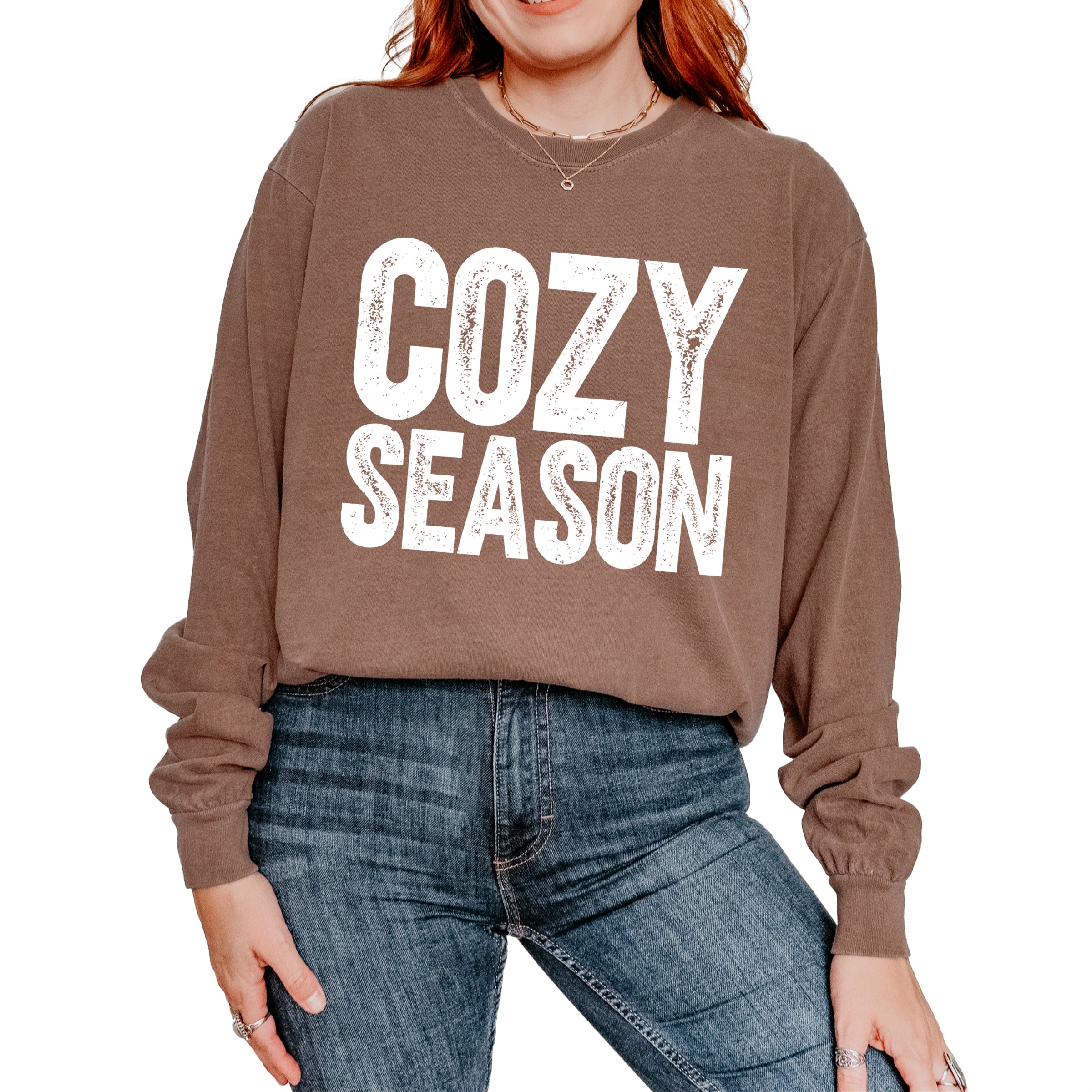 Cozy Season Bold Distressed - Women's Garment Dyed Long Sleeve Graphic T-Shirt