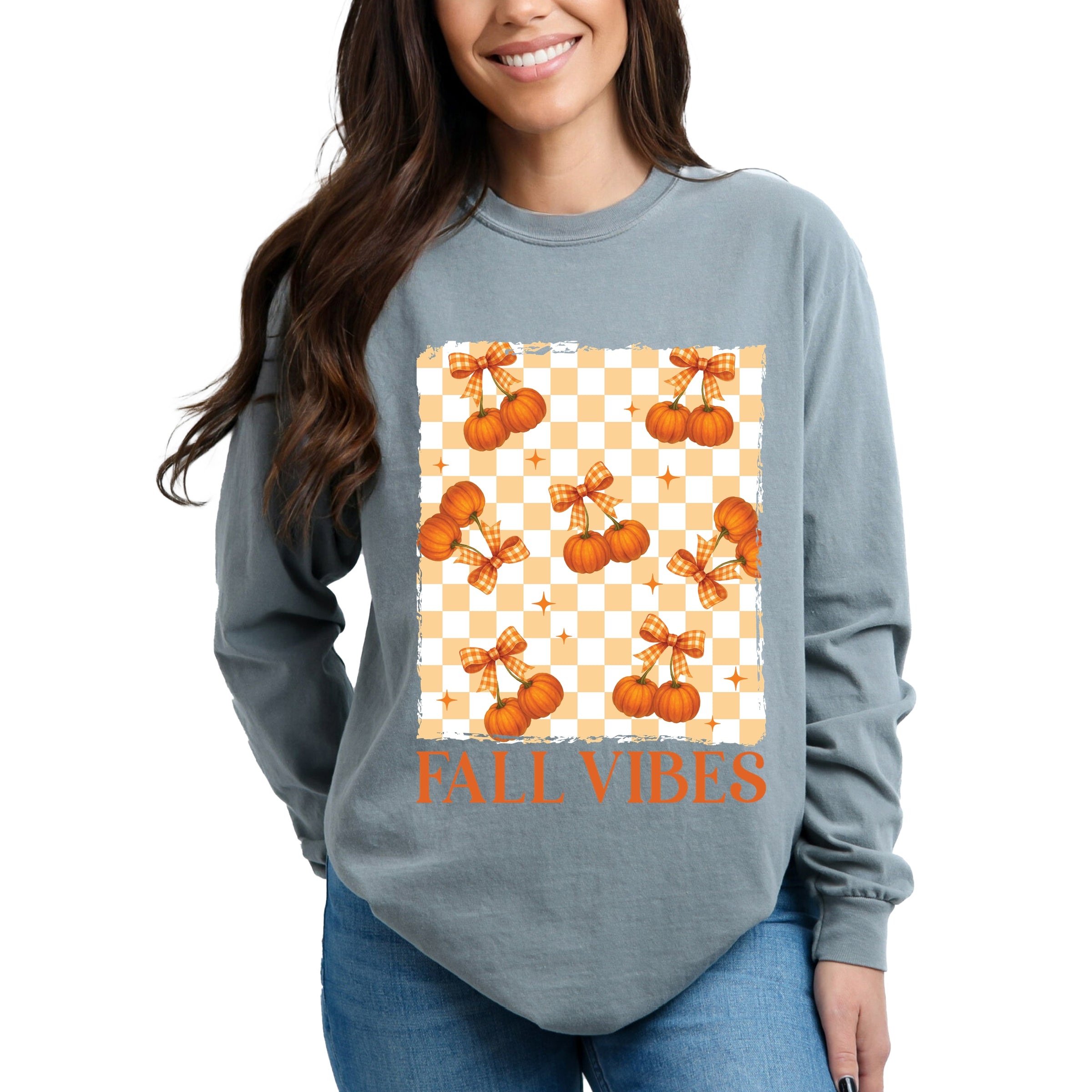 Fall Vibes Checked Pumpkins - Women's Garment Dyed Long Sleeve Graphic T-Shirt
