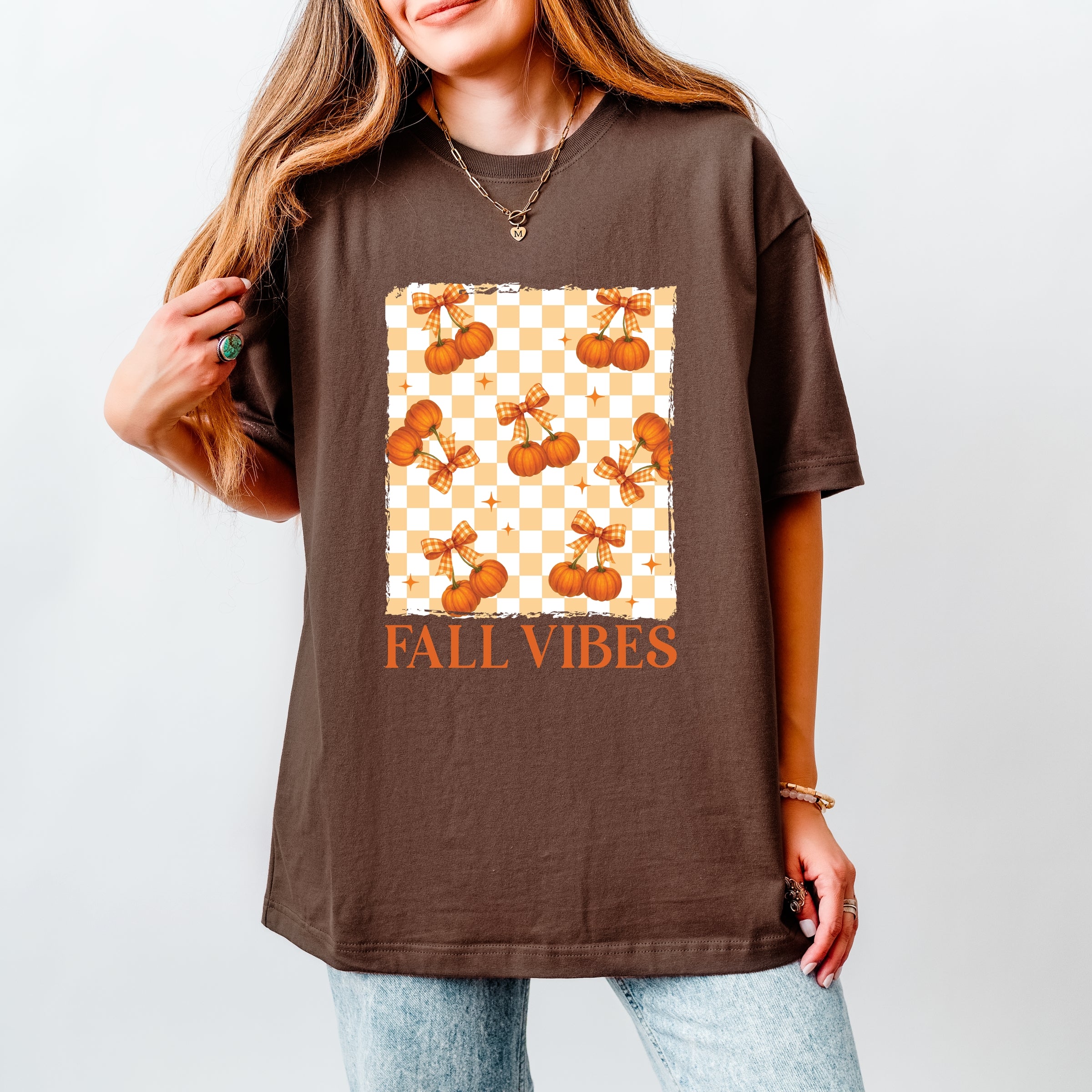 Fall Vibes Checked Pumpkins - Women's Heavyweight Graphic T-Shirt