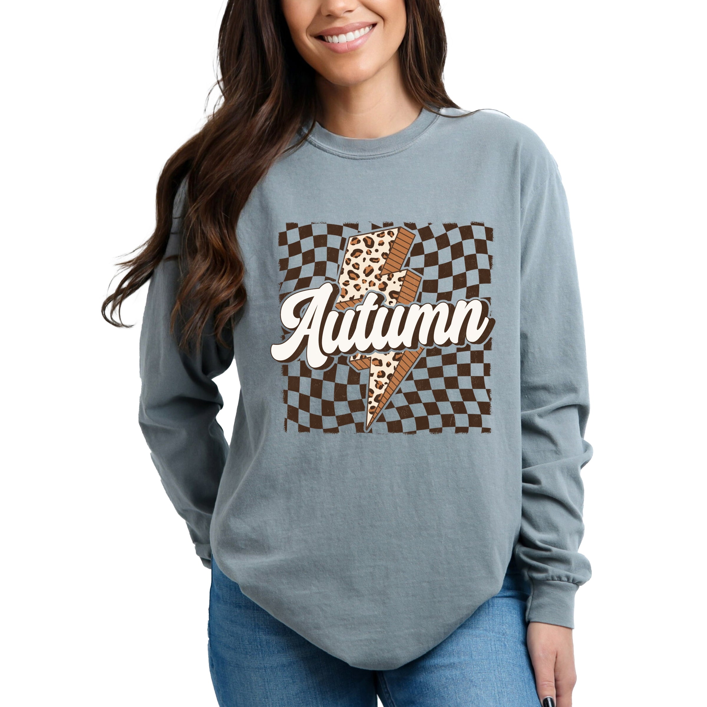 Autumn Lightning Checkered - Women's Garment Dyed Long Sleeve Graphic T-Shirt