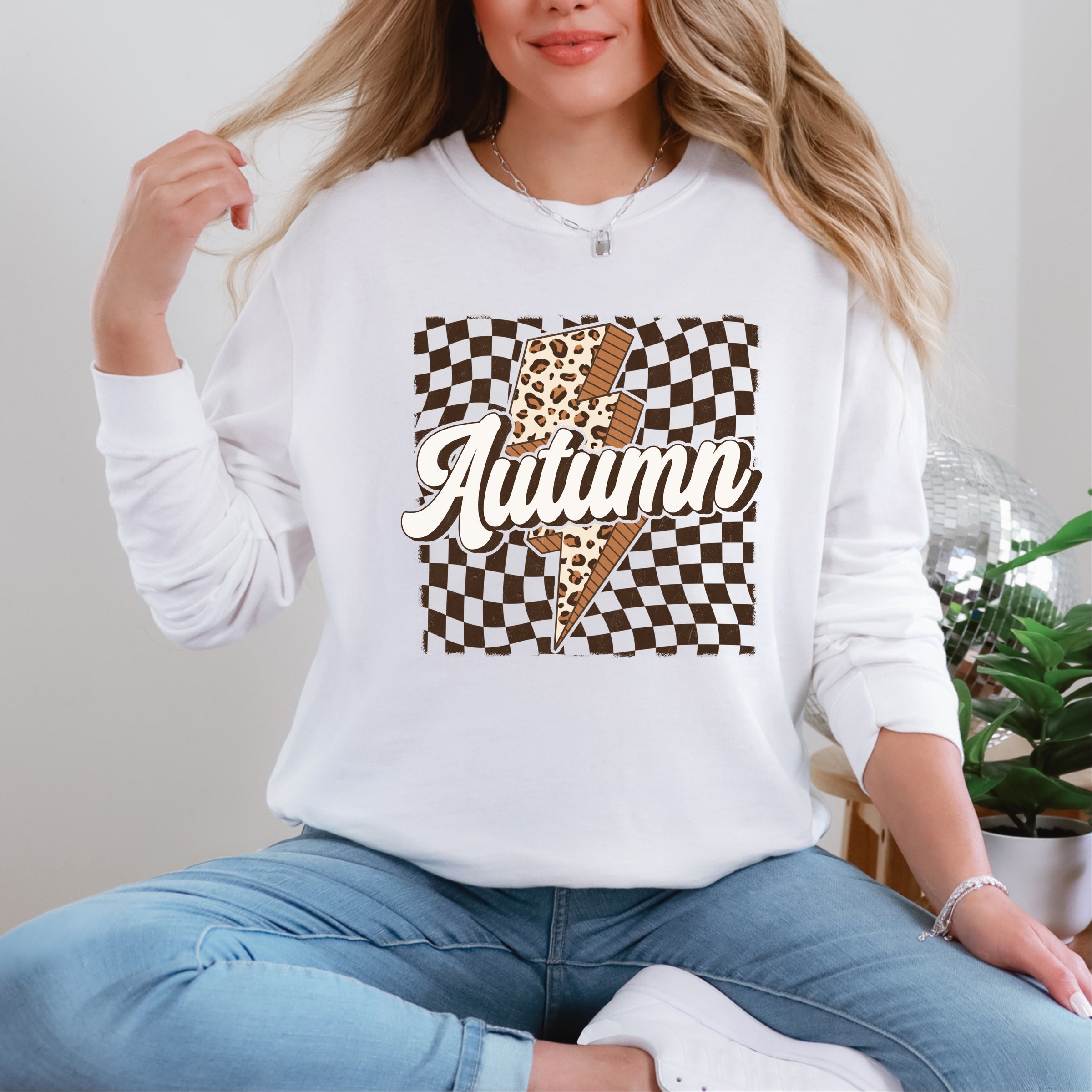 Autumn Lightning Checkered - Women's Garment Dyed Long Sleeve Graphic T-Shirt