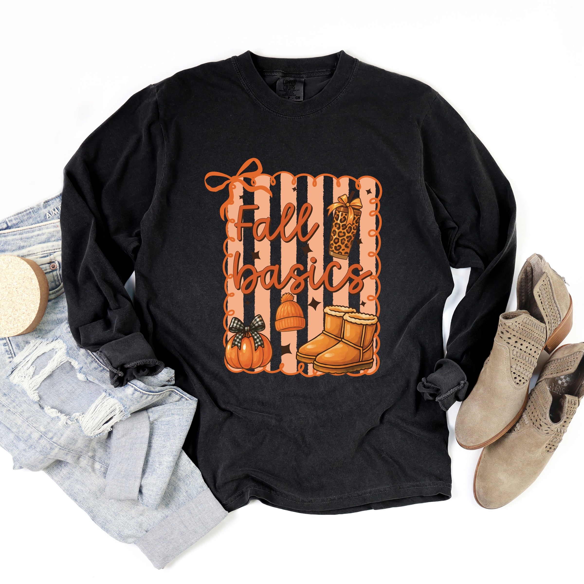 Fall Basics Boots Striped - Women's Garment Dyed Long Sleeve Graphic T-Shirt