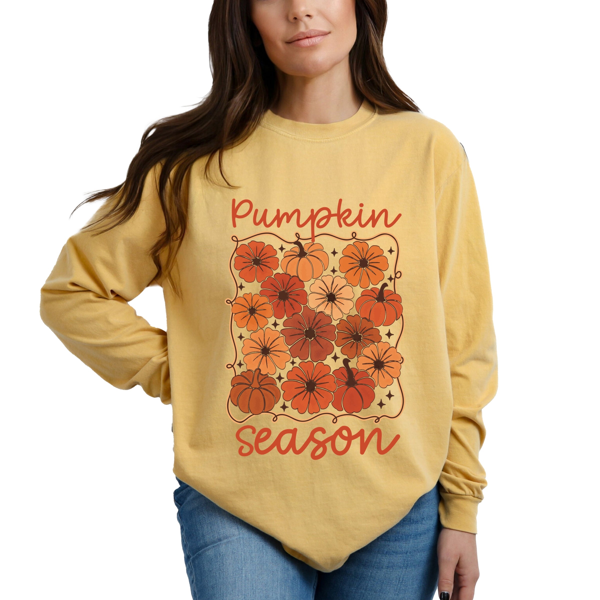 Pumpkin Season Floral - Women's Garment Dyed Long Sleeve Graphic T-Shirt