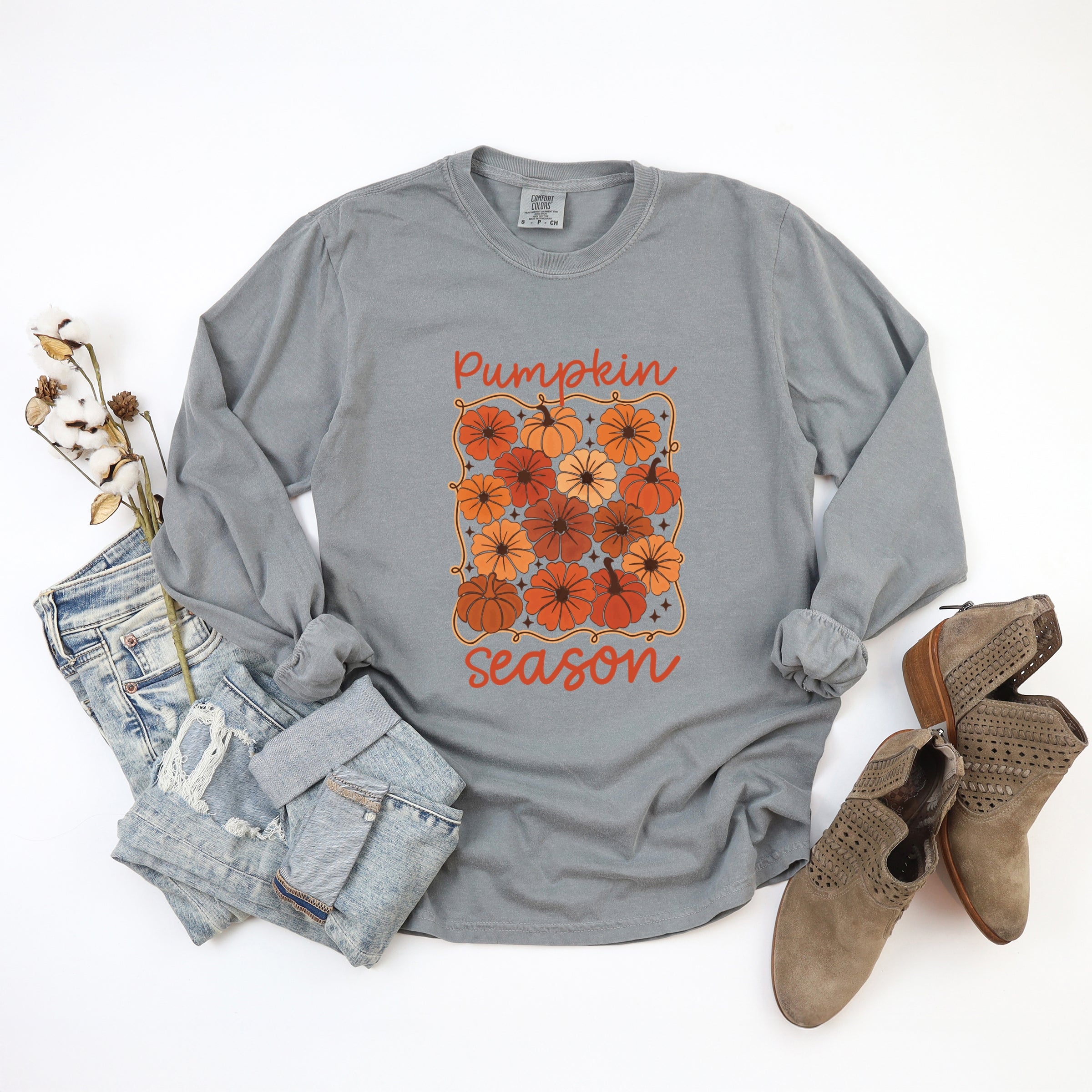 Pumpkin Season Floral - Women's Garment Dyed Long Sleeve Graphic T-Shirt
