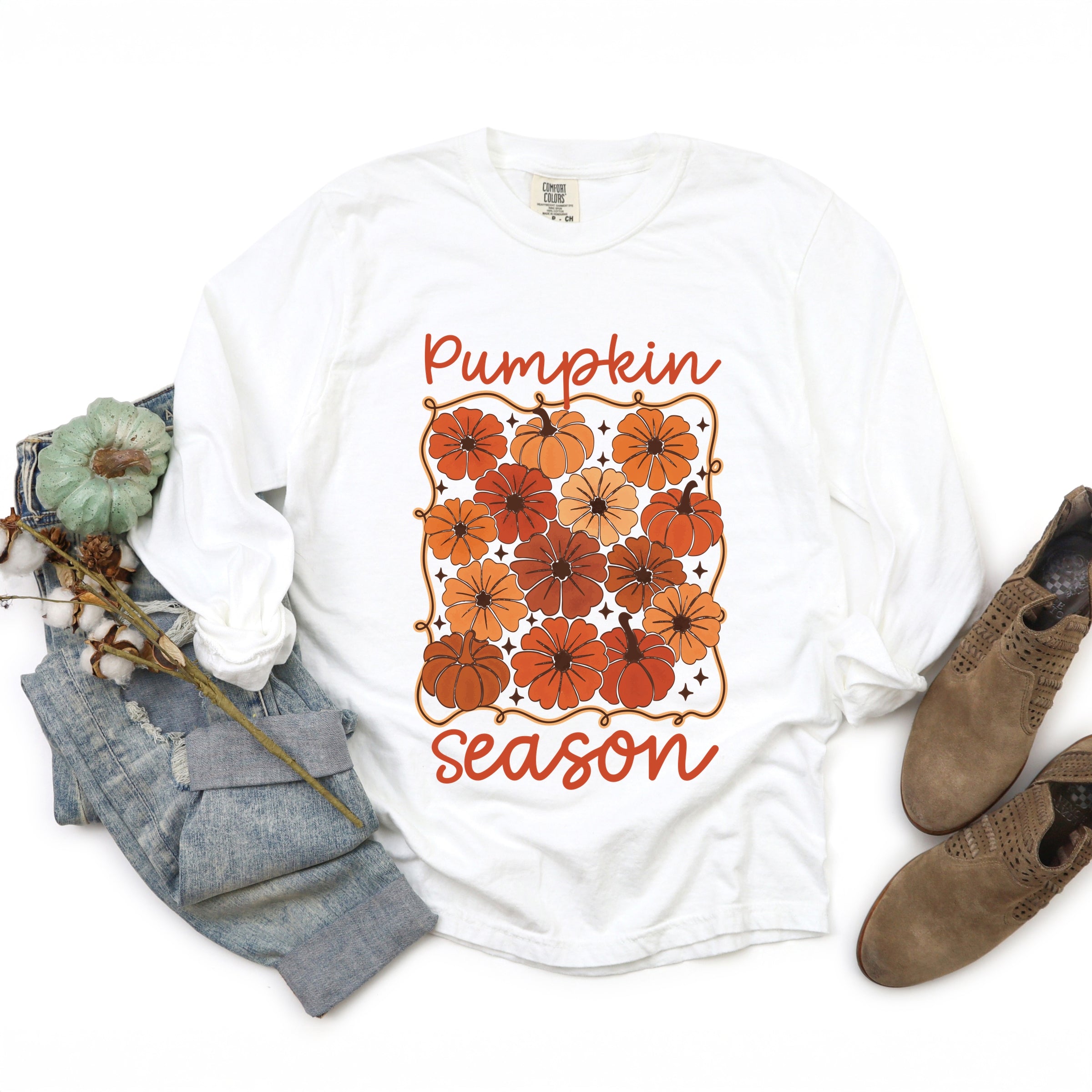 Pumpkin Season Floral - Women's Garment Dyed Long Sleeve Graphic T-Shirt