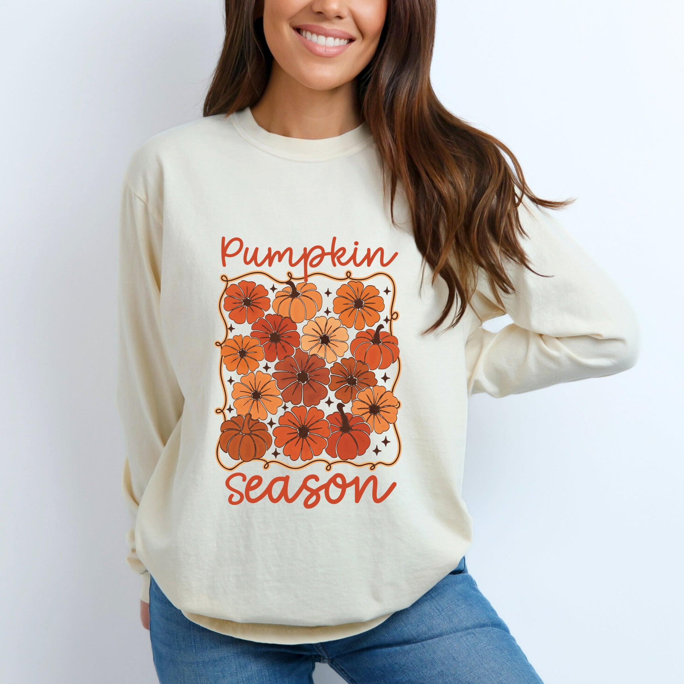 Pumpkin Season Floral - Women's Garment Dyed Long Sleeve Graphic T-Shirt
