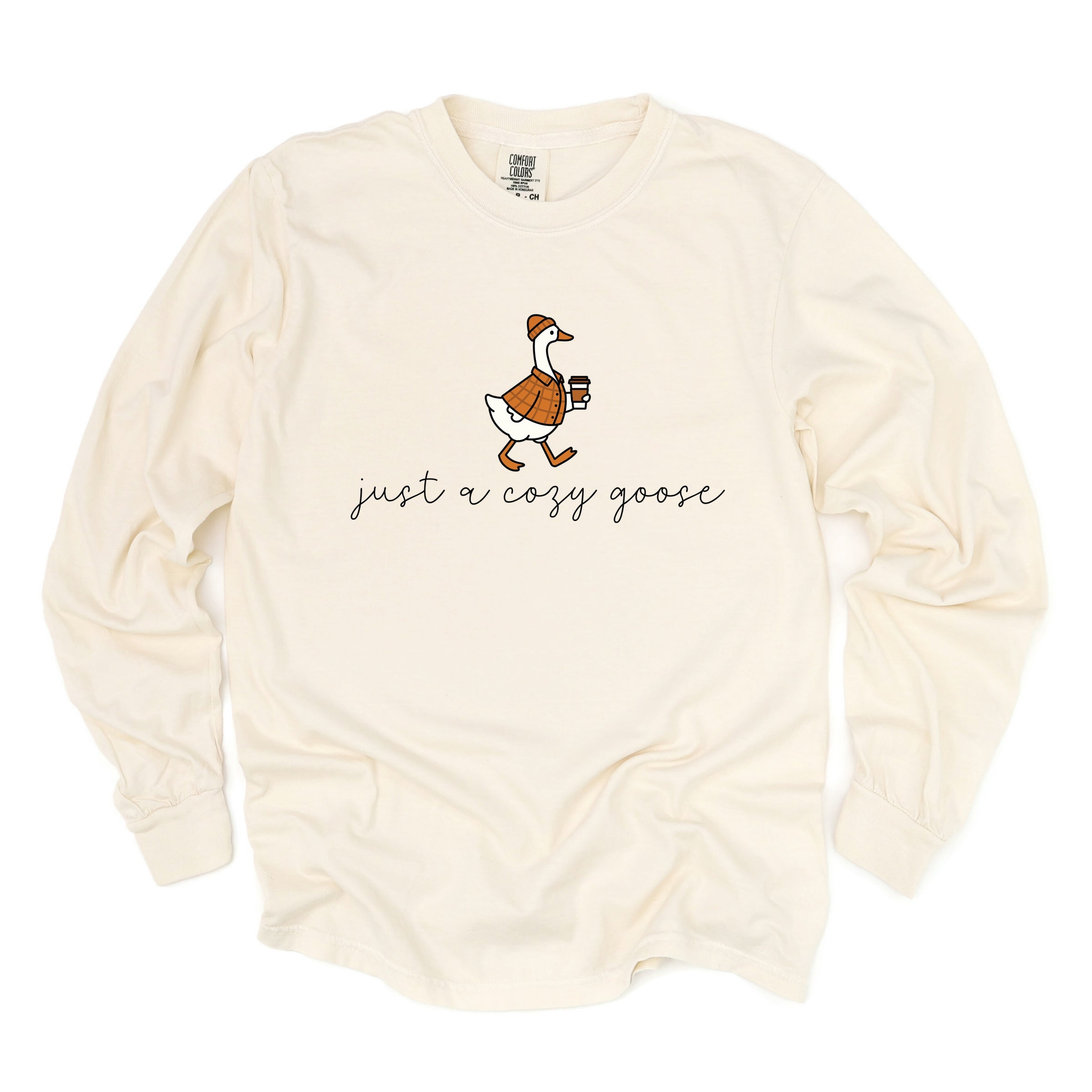 Just A Cozy Goose Plaid - Women's Garment Dyed Long Sleeve Graphic T-Shirt