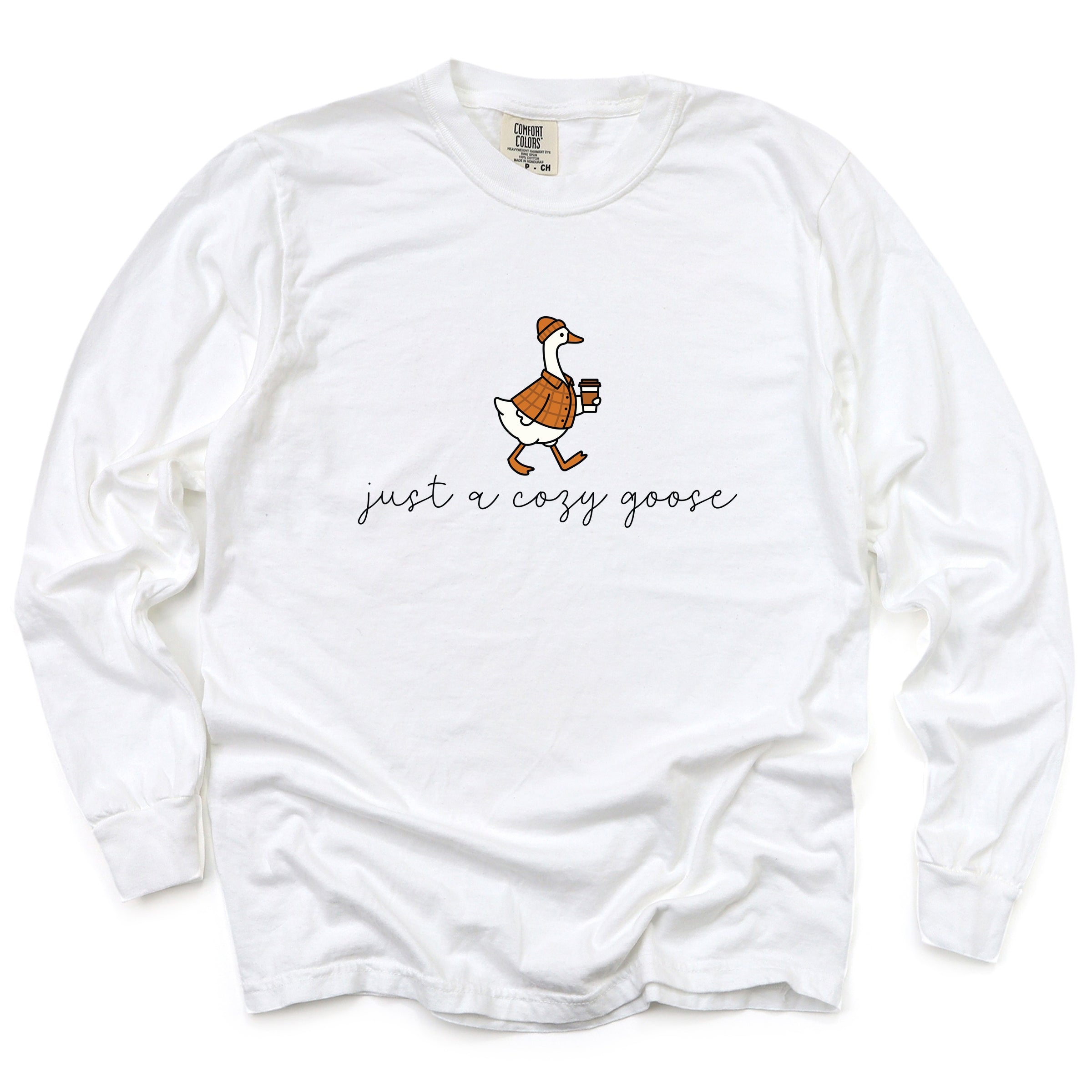 Just A Cozy Goose Plaid - Women's Garment Dyed Long Sleeve Graphic T-Shirt