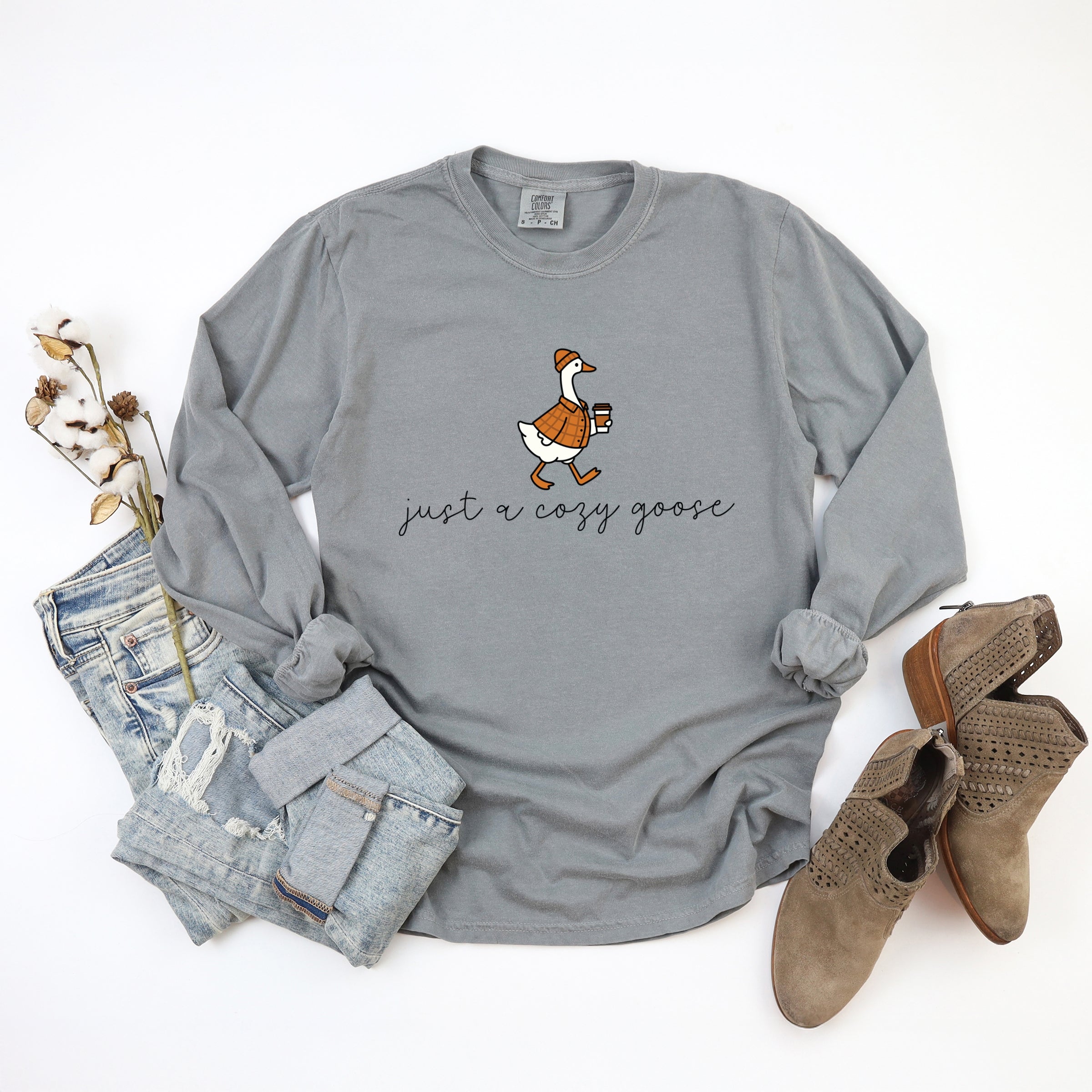 Just A Cozy Goose Plaid - Women's Garment Dyed Long Sleeve Graphic T-Shirt
