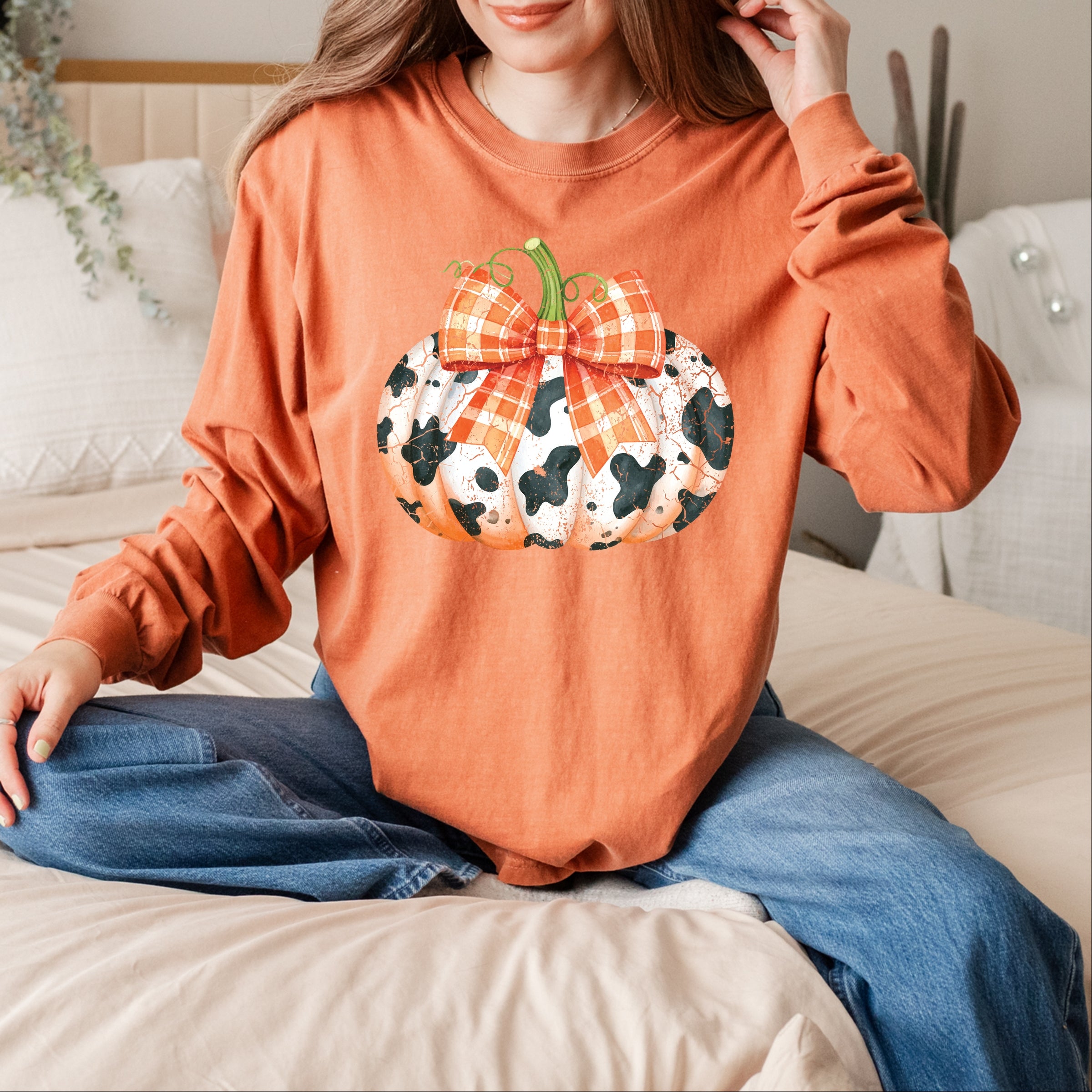 Cow Pumpkin Coquette Distressed - Garment Dyed Long Sleeve