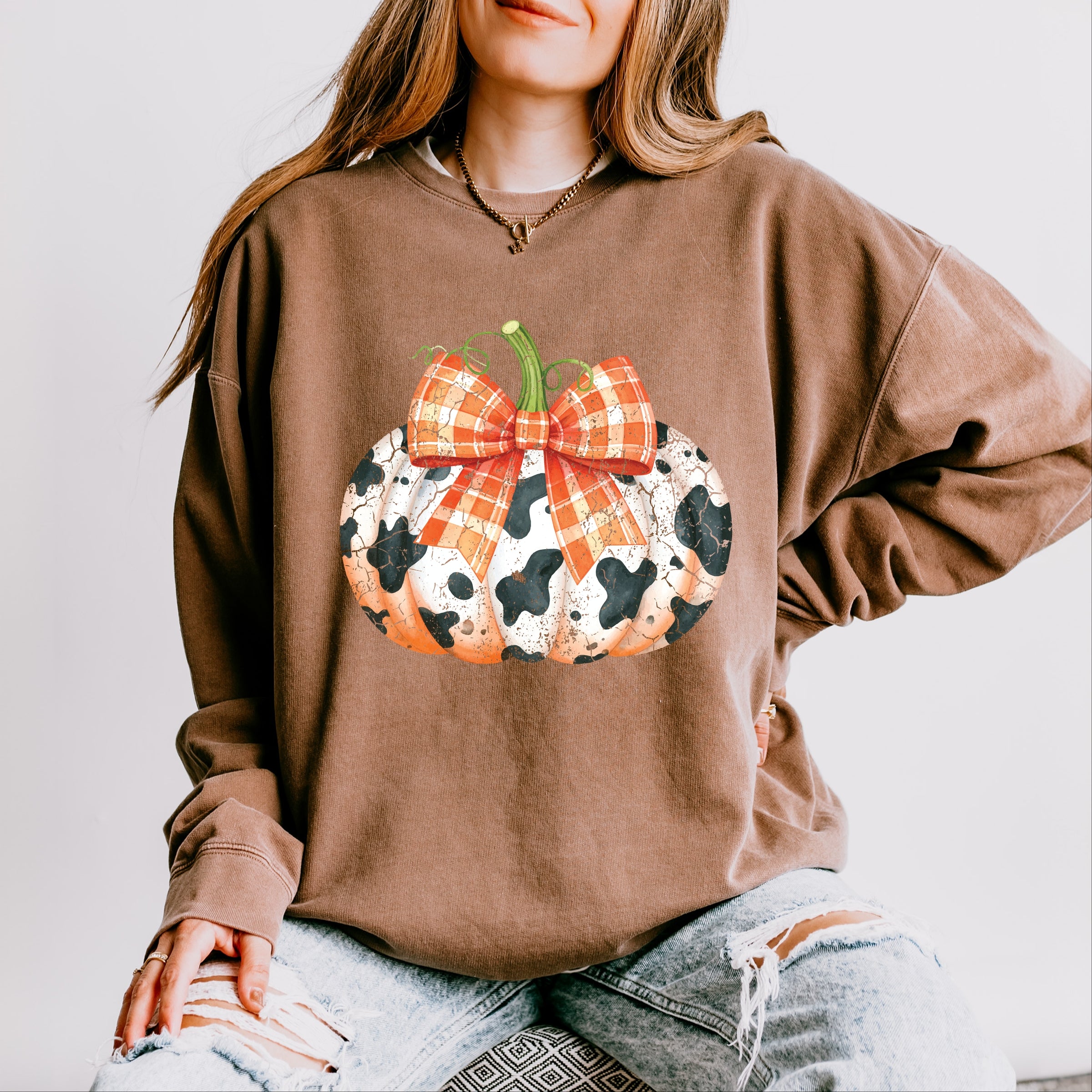 Cow Pumpkin Coquette Distressed - Lightweight Garment Dyed Sweatshirt