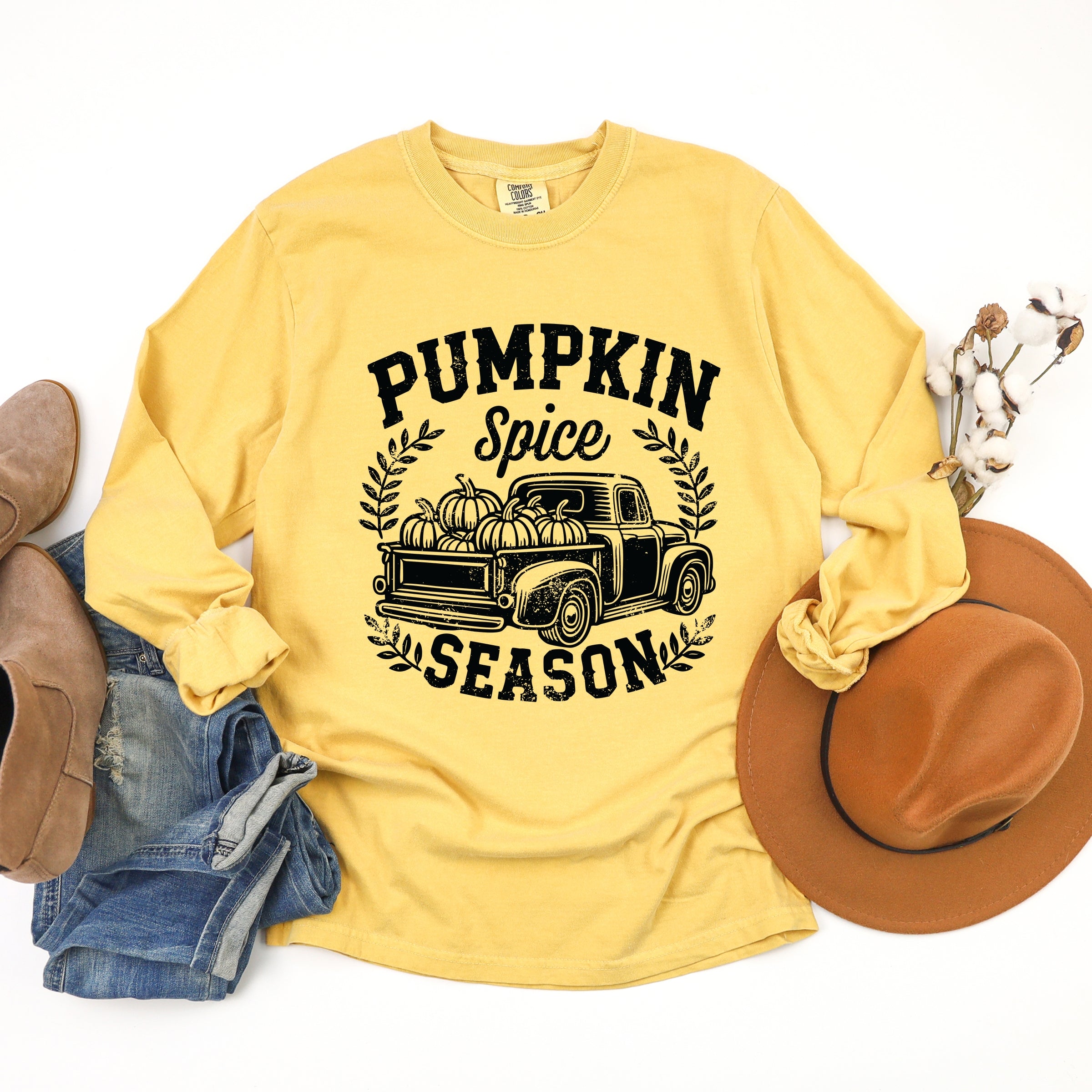 Pumpkin Spice Season Truck Distressed - Garment Dyed Long Sleeve