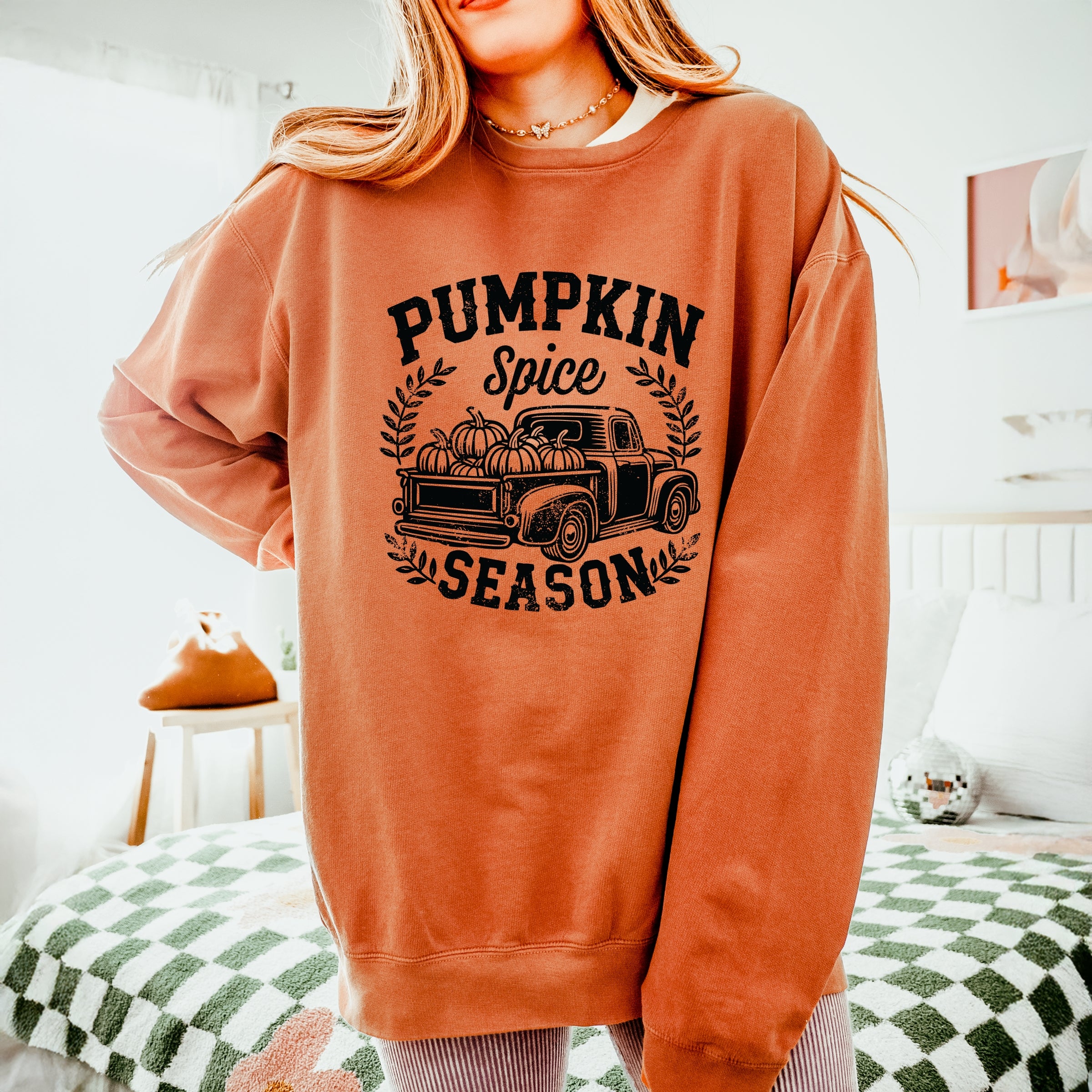 Pumpkin Spice Season Truck Distressed - Lightweight Garment Dyed Sweatshirt
