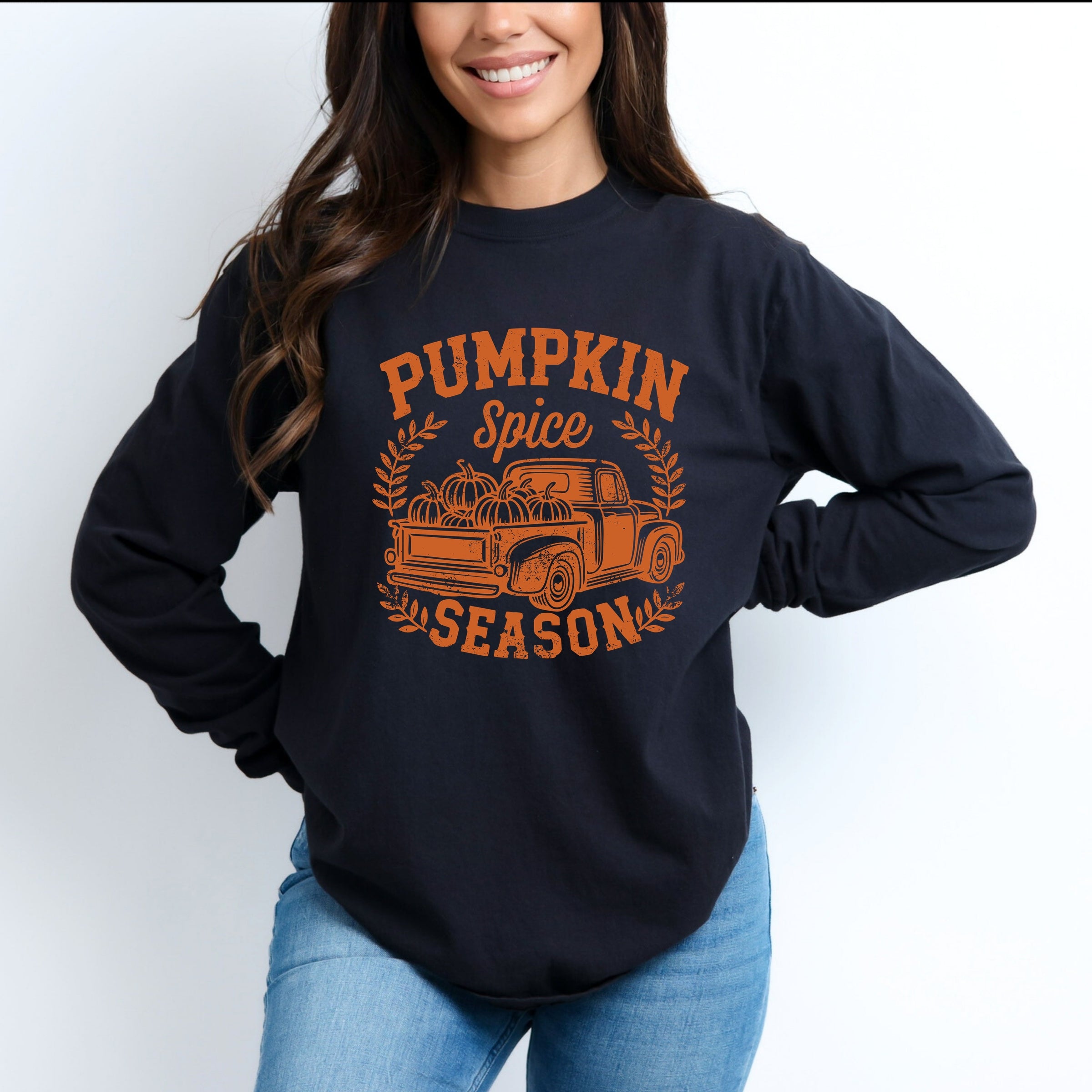 Pumpkin Spice Season Truck Distressed - Women's Garment Dyed Long Sleeve Graphic T-Shirt