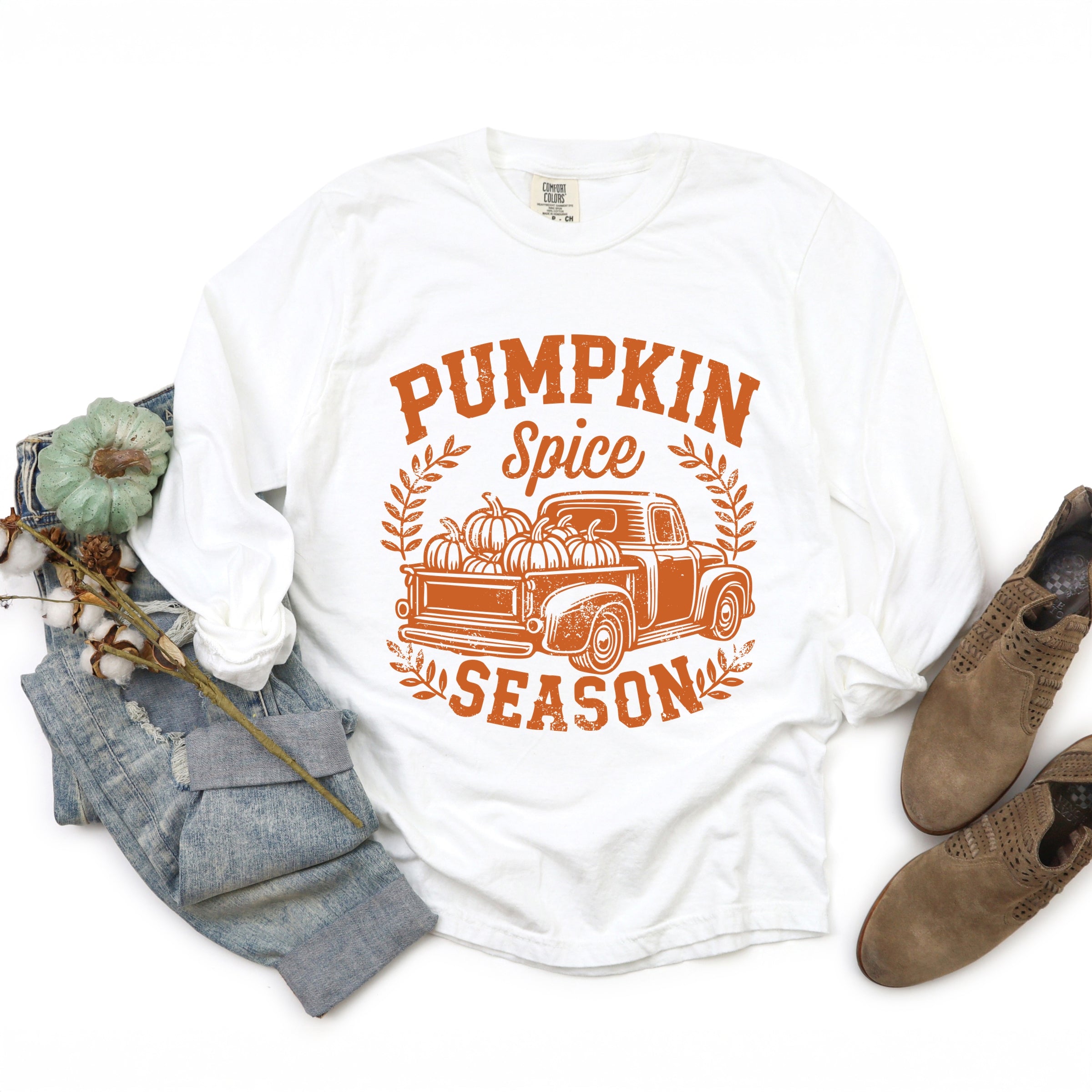 Pumpkin Spice Season Truck Distressed - Women's Garment Dyed Long Sleeve Graphic T-Shirt