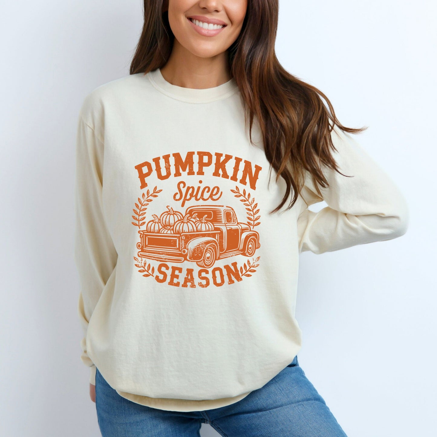 Pumpkin Spice Season Truck Distressed - Women's Garment Dyed Long Sleeve Graphic T-Shirt