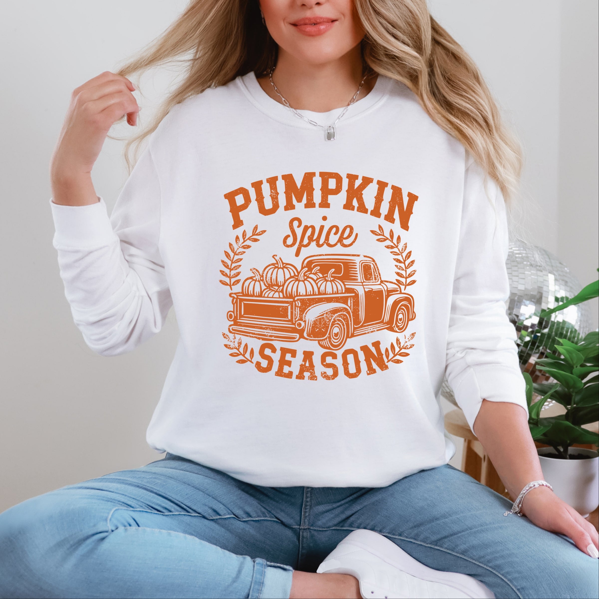 Pumpkin Spice Season Truck Distressed - Women's Garment Dyed Long Sleeve Graphic T-Shirt