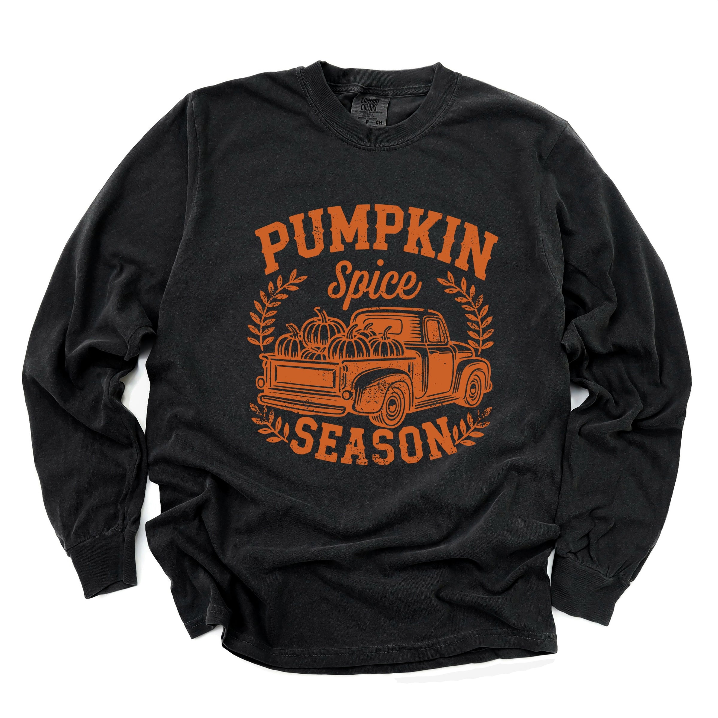 Pumpkin Spice Season Truck Distressed - Women's Garment Dyed Long Sleeve Graphic T-Shirt