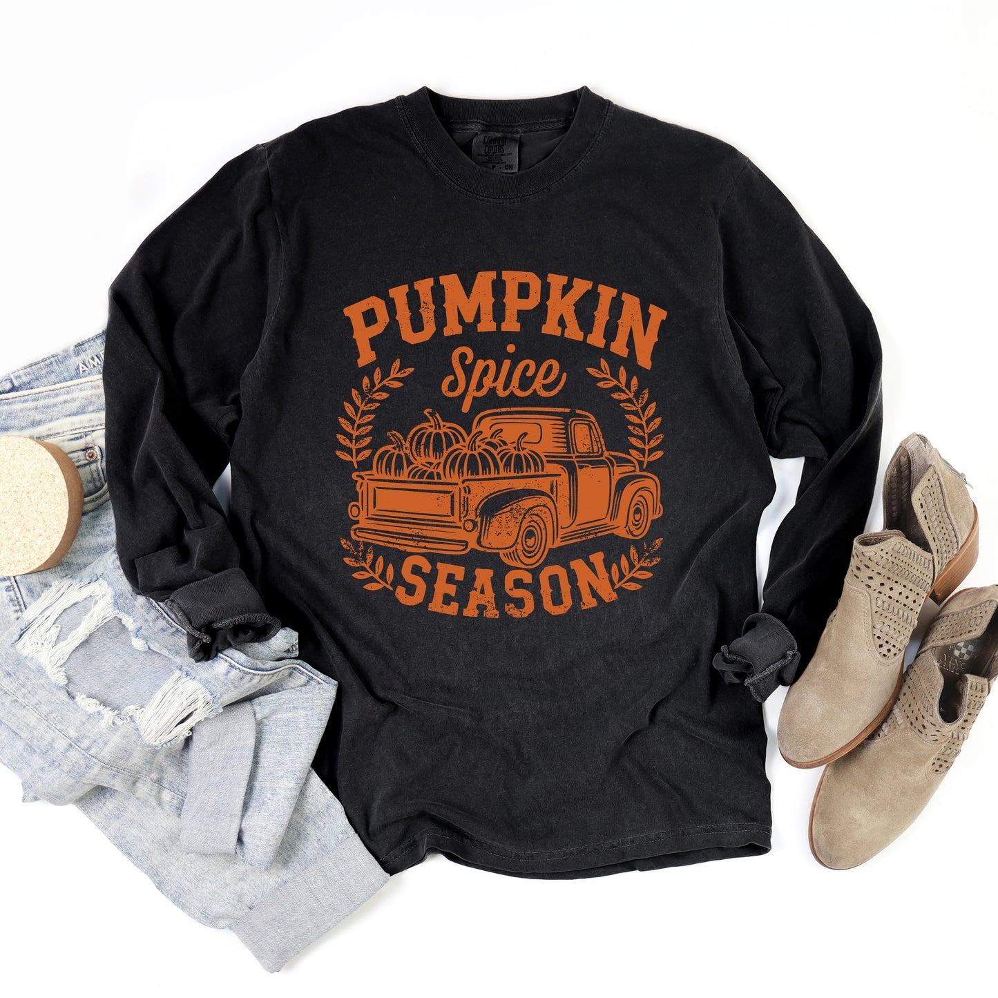 Pumpkin Spice Season Truck Distressed - Women's Garment Dyed Long Sleeve Graphic T-Shirt