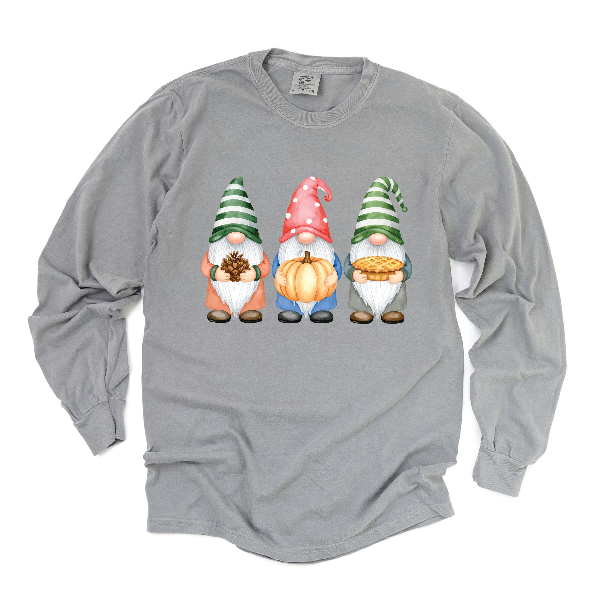 Fall Three Gnomes - Women's Garment Dyed Long Sleeve Graphic T-Shirt