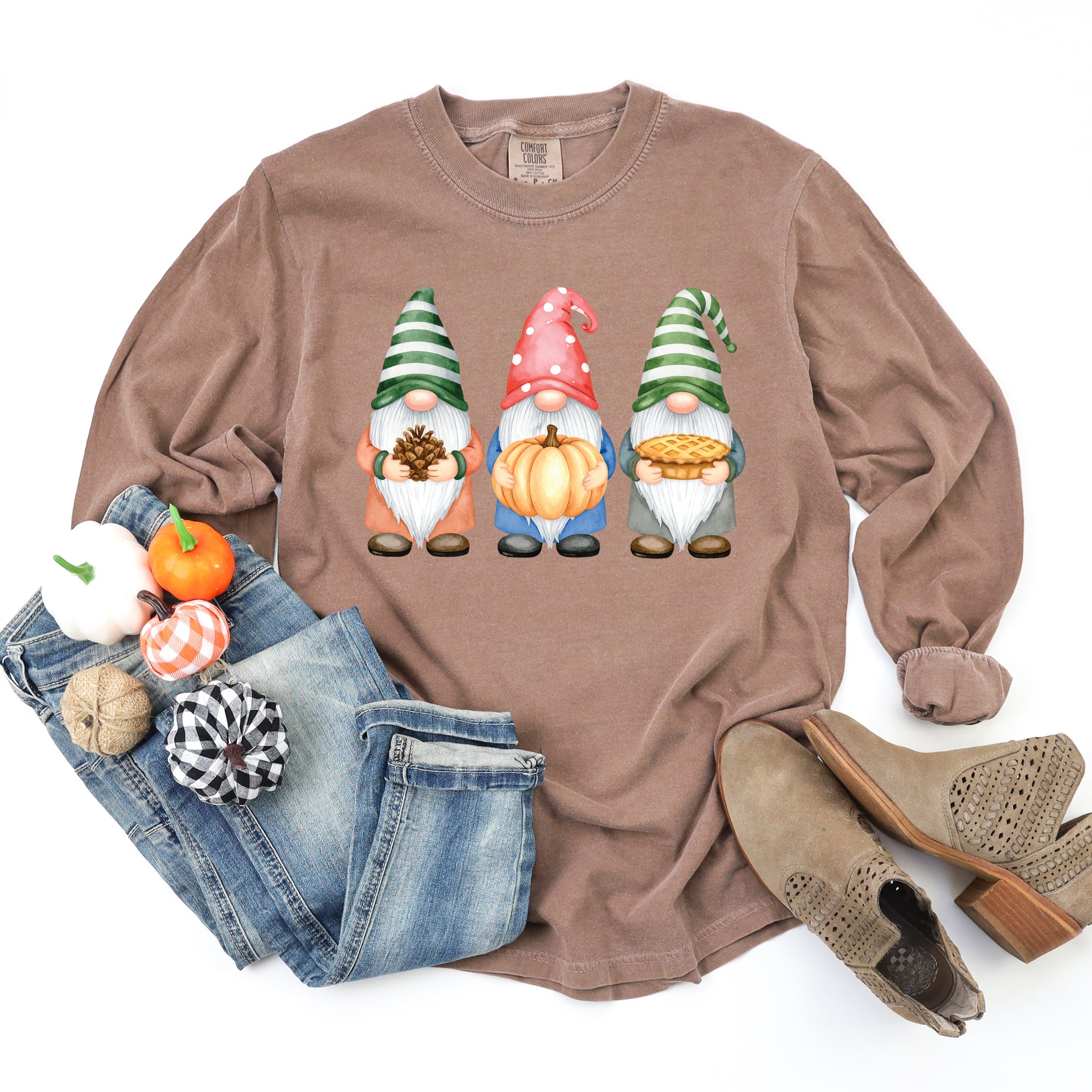 Fall Three Gnomes - Women's Garment Dyed Long Sleeve Graphic T-Shirt