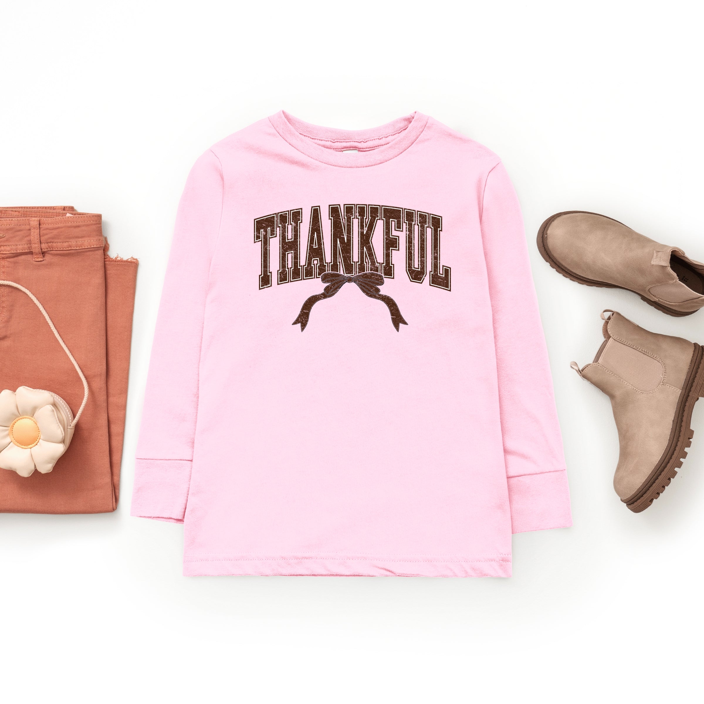 Varsity Thankful Coquette - Toddler Long Sleeve Graphic Tee and Youth Long Sleeve Graphic T-Shirt