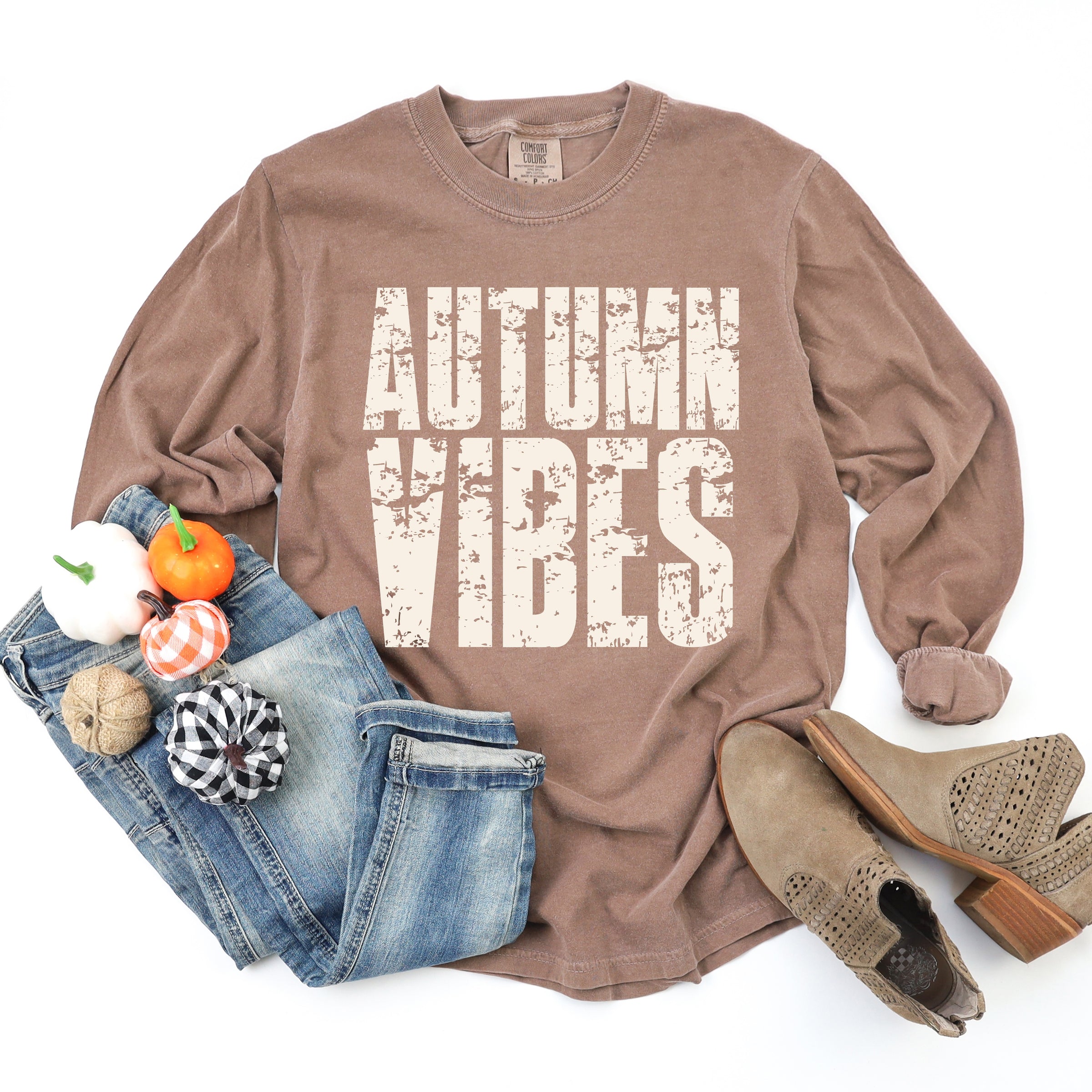 Autumn Vibes Block Distressed - Women's Garment Dyed Long Sleeve Graphic T-Shirt