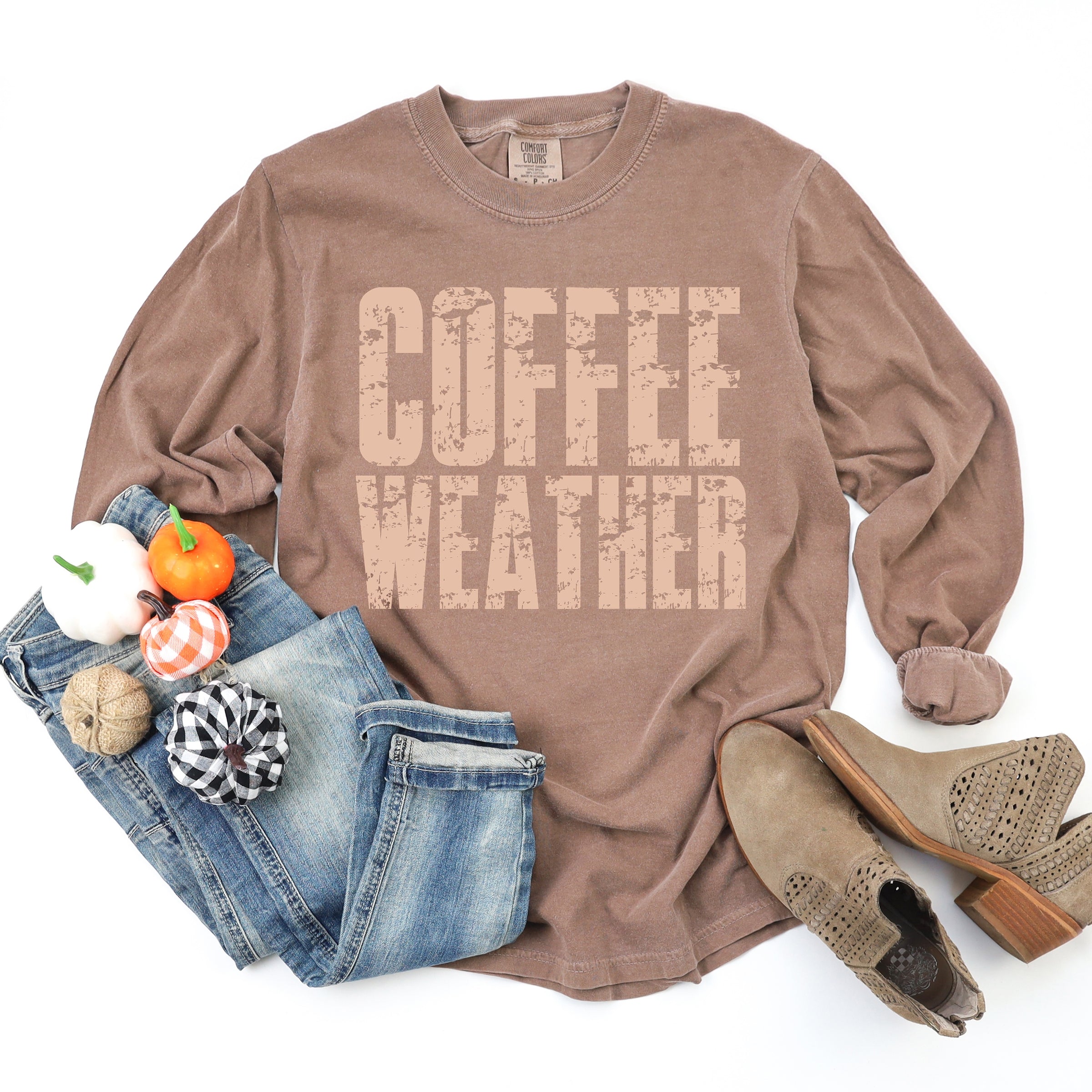 Coffee Weather Block Distressed - Women's Garment Dyed Long Sleeve Graphic T-Shirt