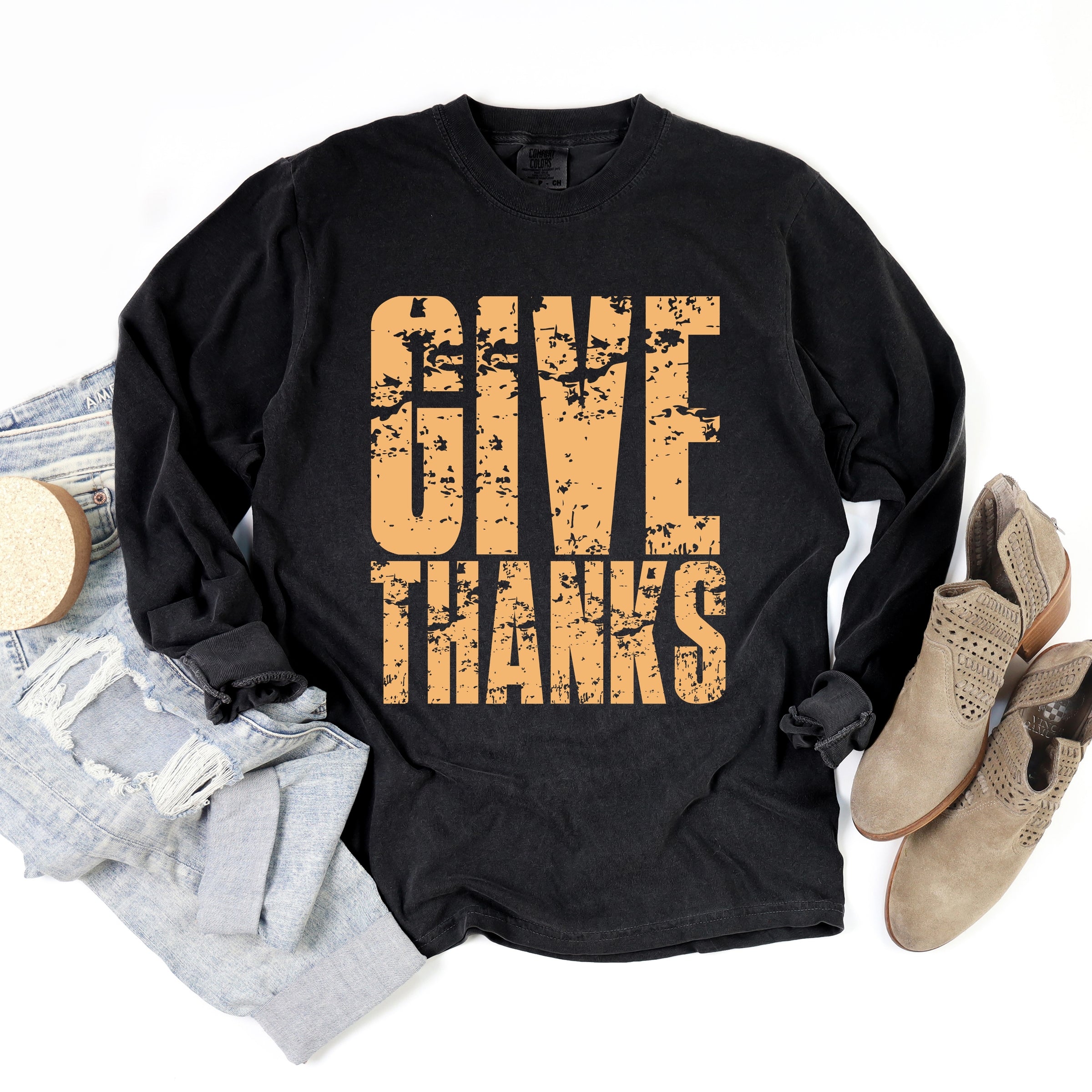 Give Thanks Block Distressed - Women's Garment Dyed Long Sleeve Graphic T-Shirt