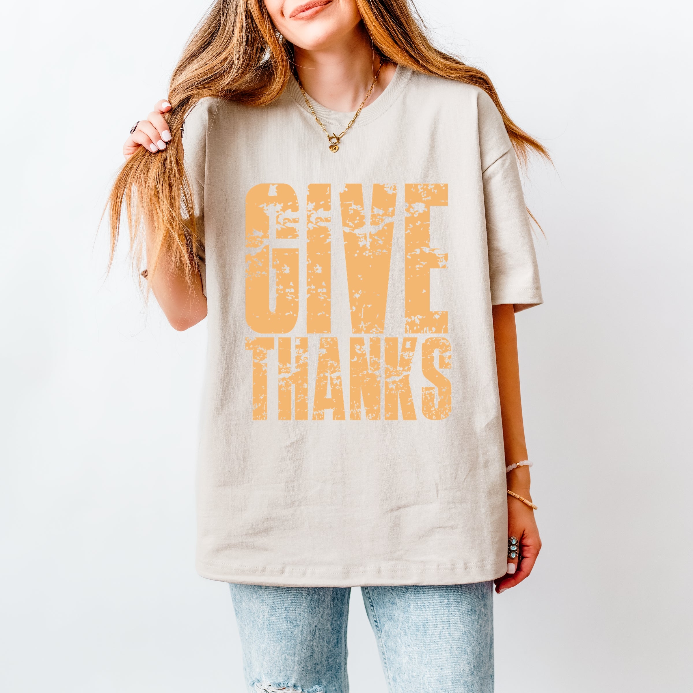 Give Thanks Block Distressed - Women's Heavyweight Graphic T-Shirt