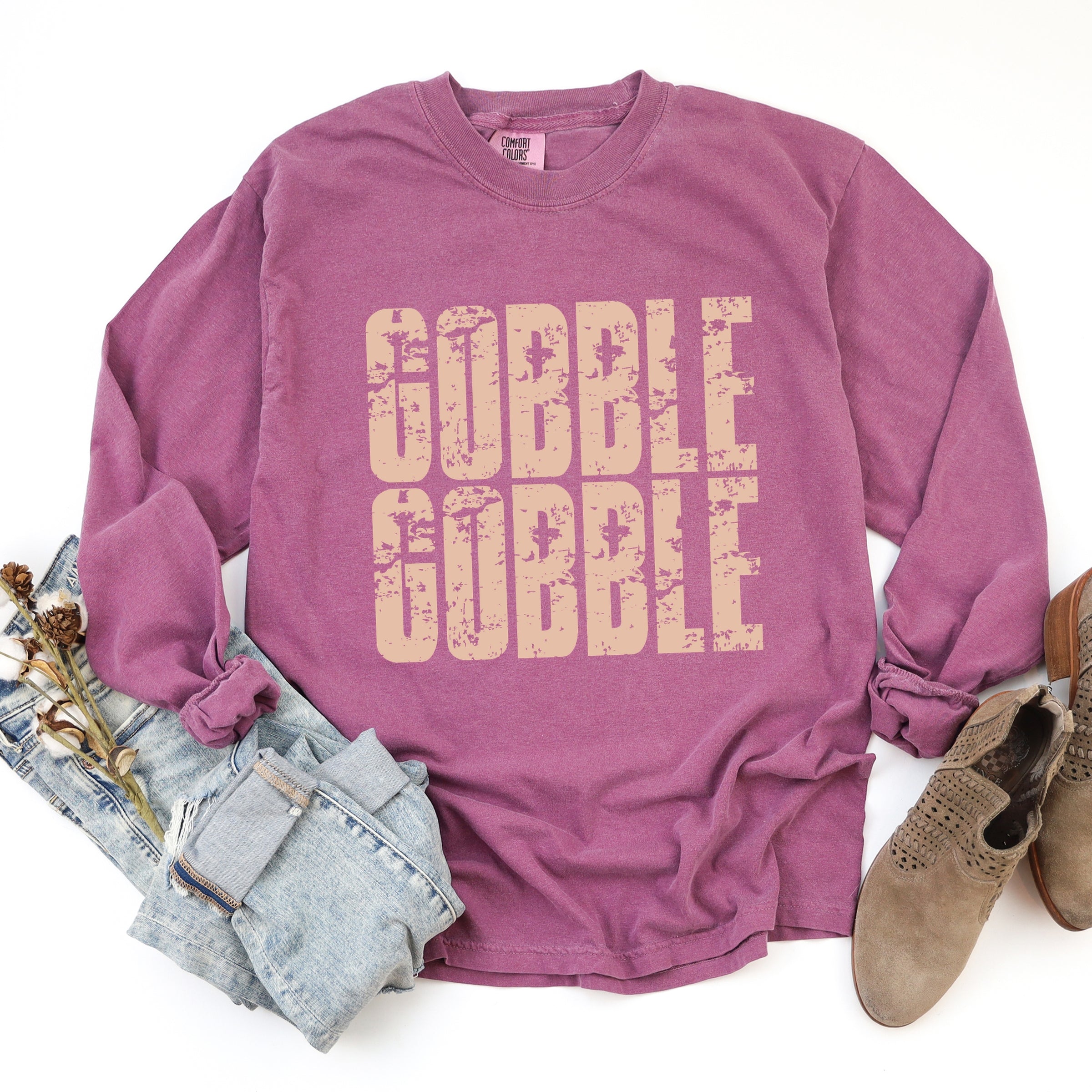 Gobble Gobble Block Distressed - Women's Garment Dyed Long Sleeve Graphic T-Shirt